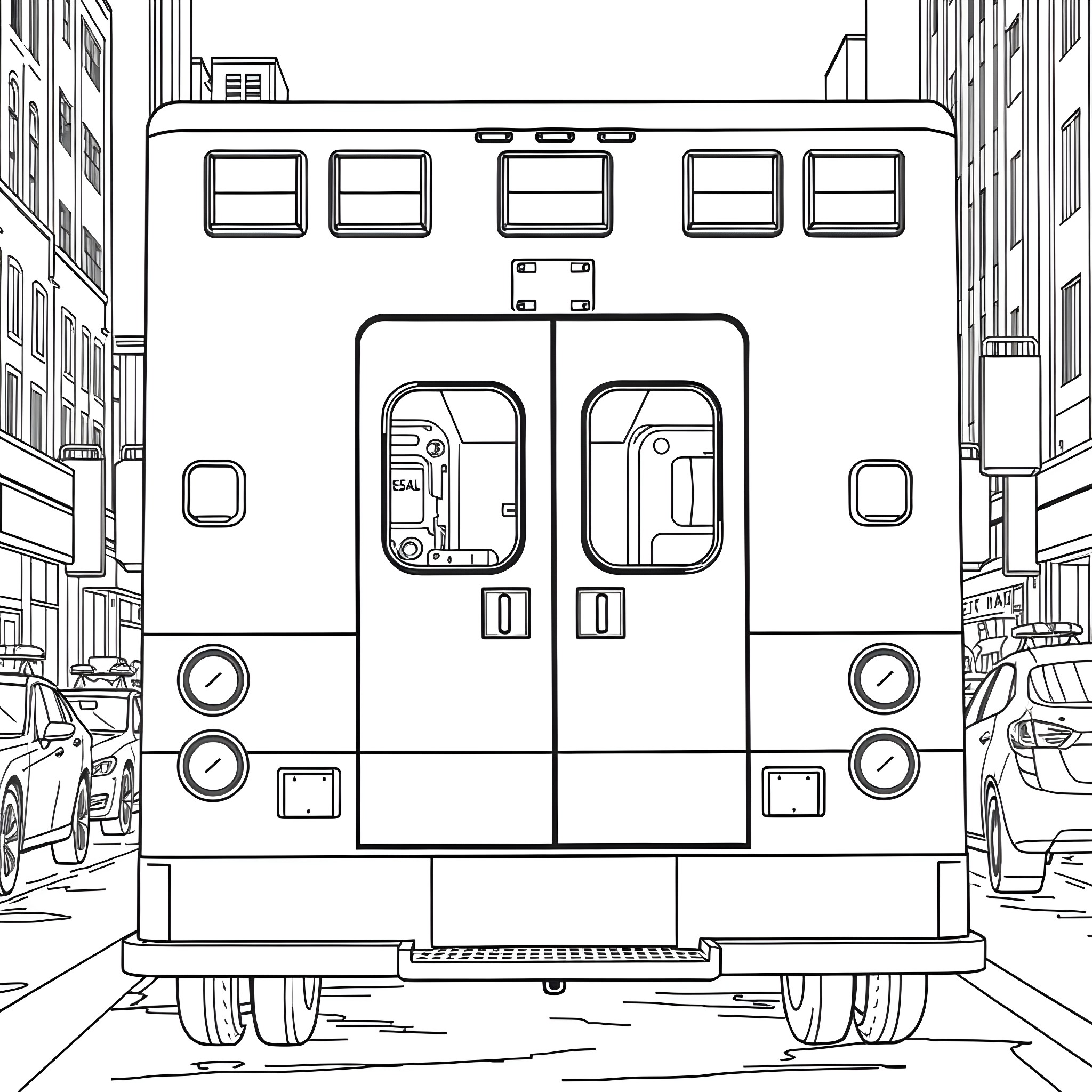 Ambulance vehicle on city street Coloring Page (free black-and-white line drawing printable PDF for all, from beginners to advanced learners, including children, teens, adults, and seniors)