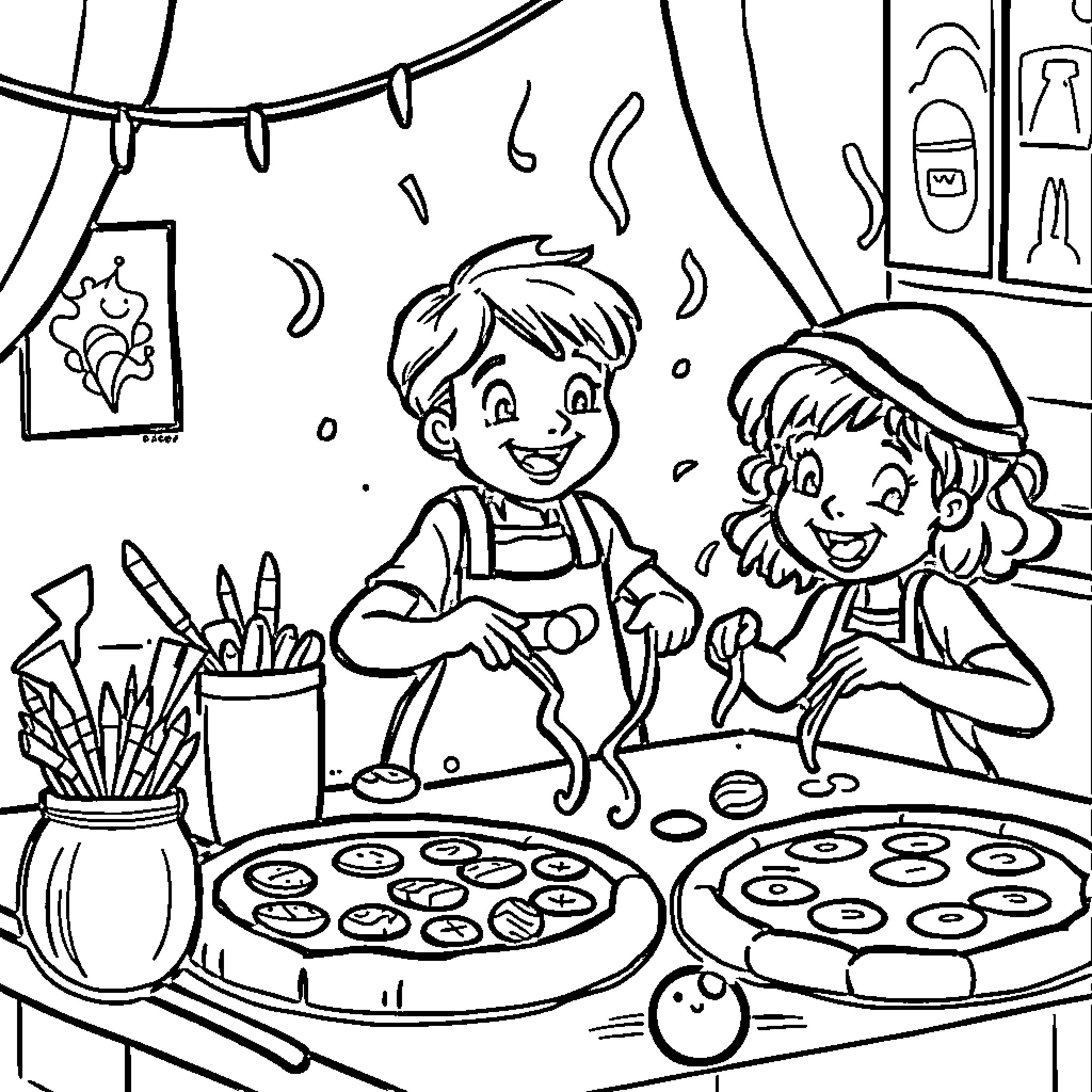 Pizza Making Fun with Friends Coloring Page (free black-and-white line drawing printable PDF for all, from beginners to advanced learners, including children, teens, adults, and seniors)