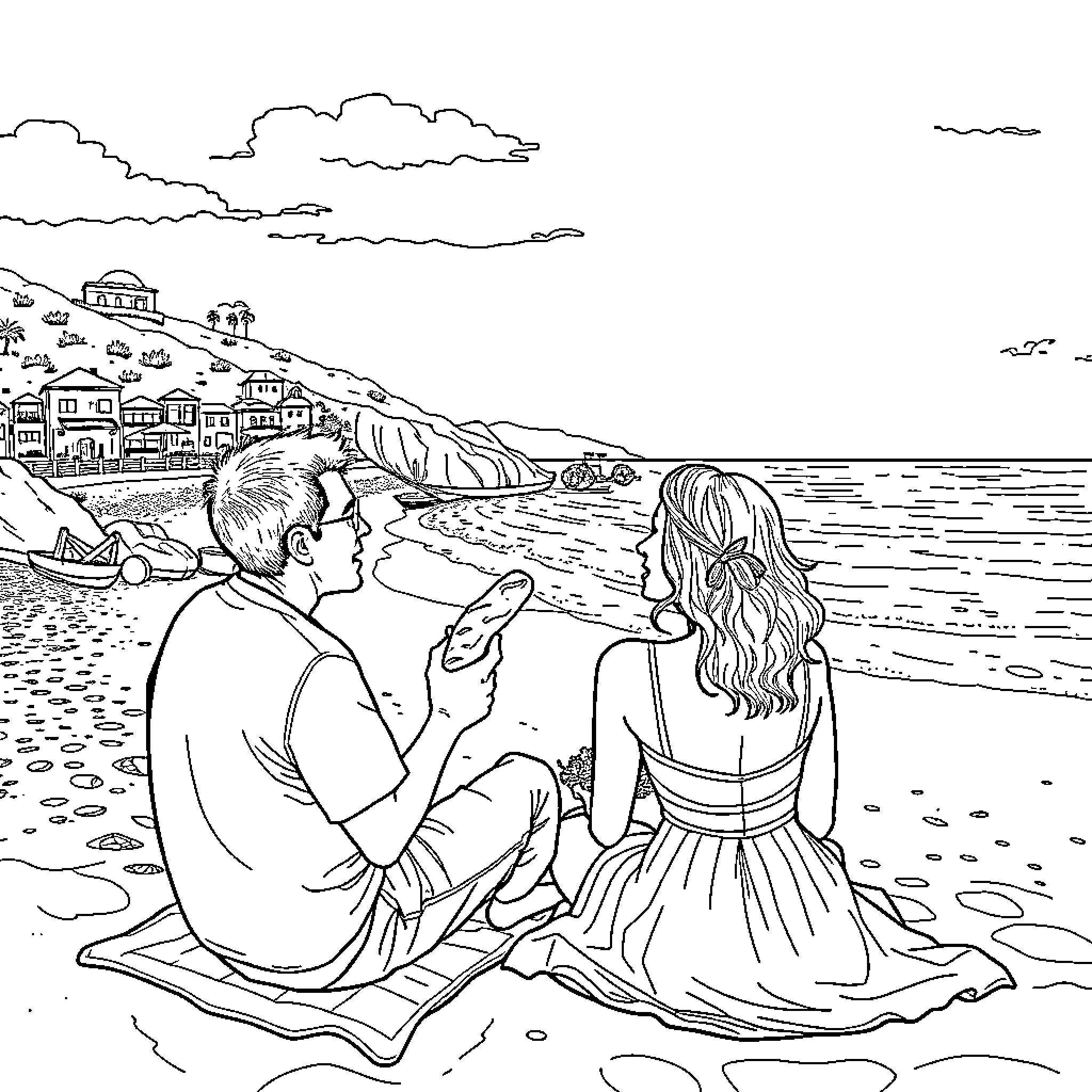 Man and Woman Enjoying Scenic Beach View Coloring Page (free black-and-white line drawing printable PDF for all, from beginners to advanced learners, including children, teens, adults, and seniors)