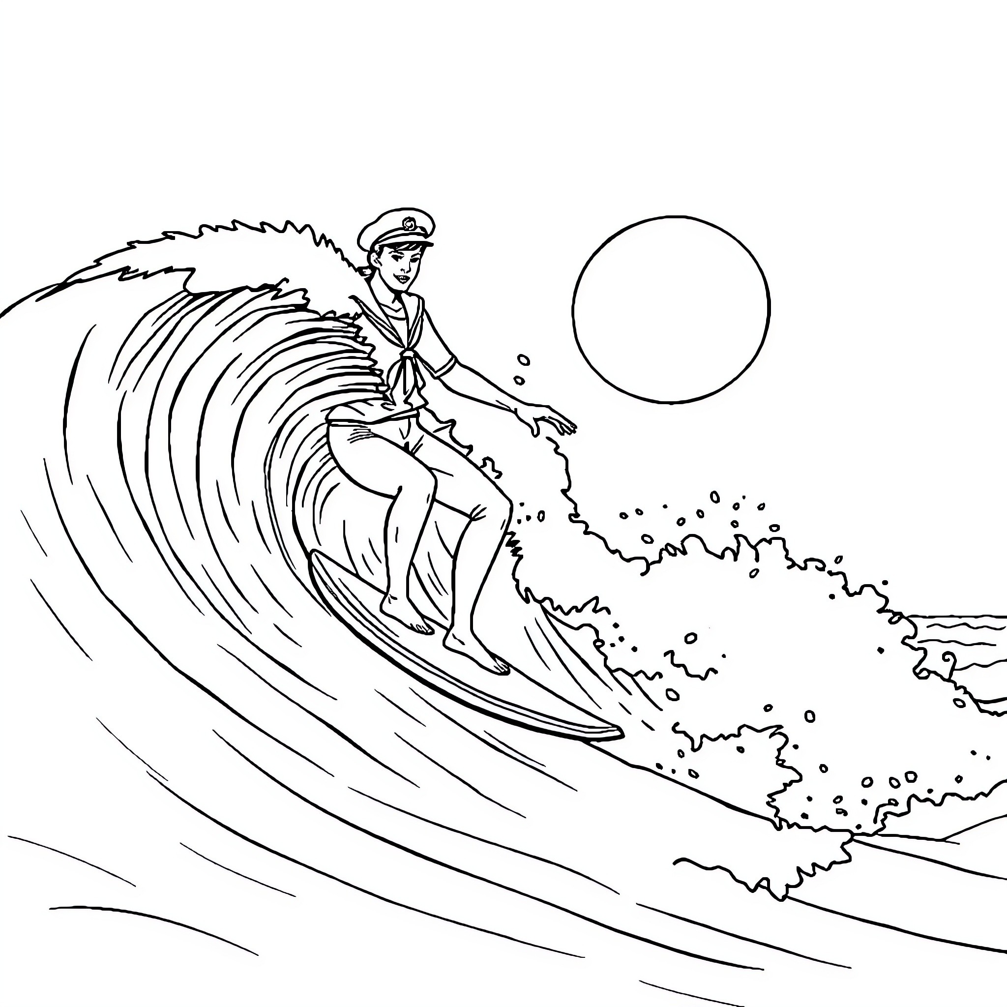 Sailor surfing majestic ocean wave Coloring Page (free black-and-white line drawing printable PDF for all, from beginners to advanced learners, including children, teens, adults, and seniors)