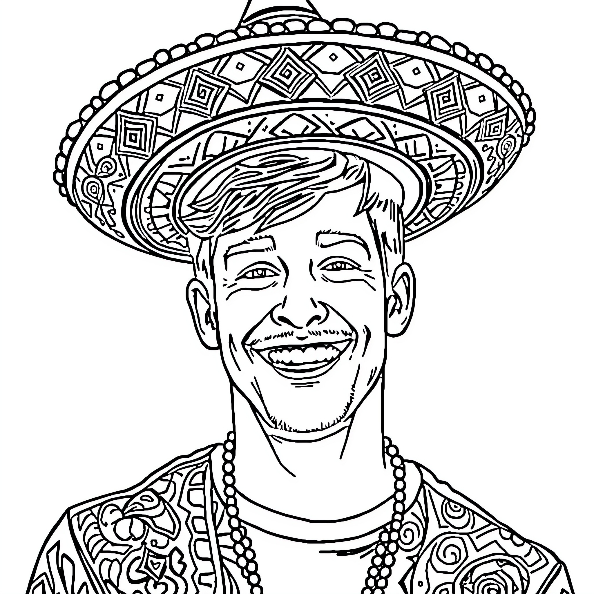 Marco Reus wearing a traditional Mexican sombrero and smiling Coloring Page (free black-and-white line drawing printable PDF for all, from beginners to advanced learners, including children, teens, adults, and seniors)