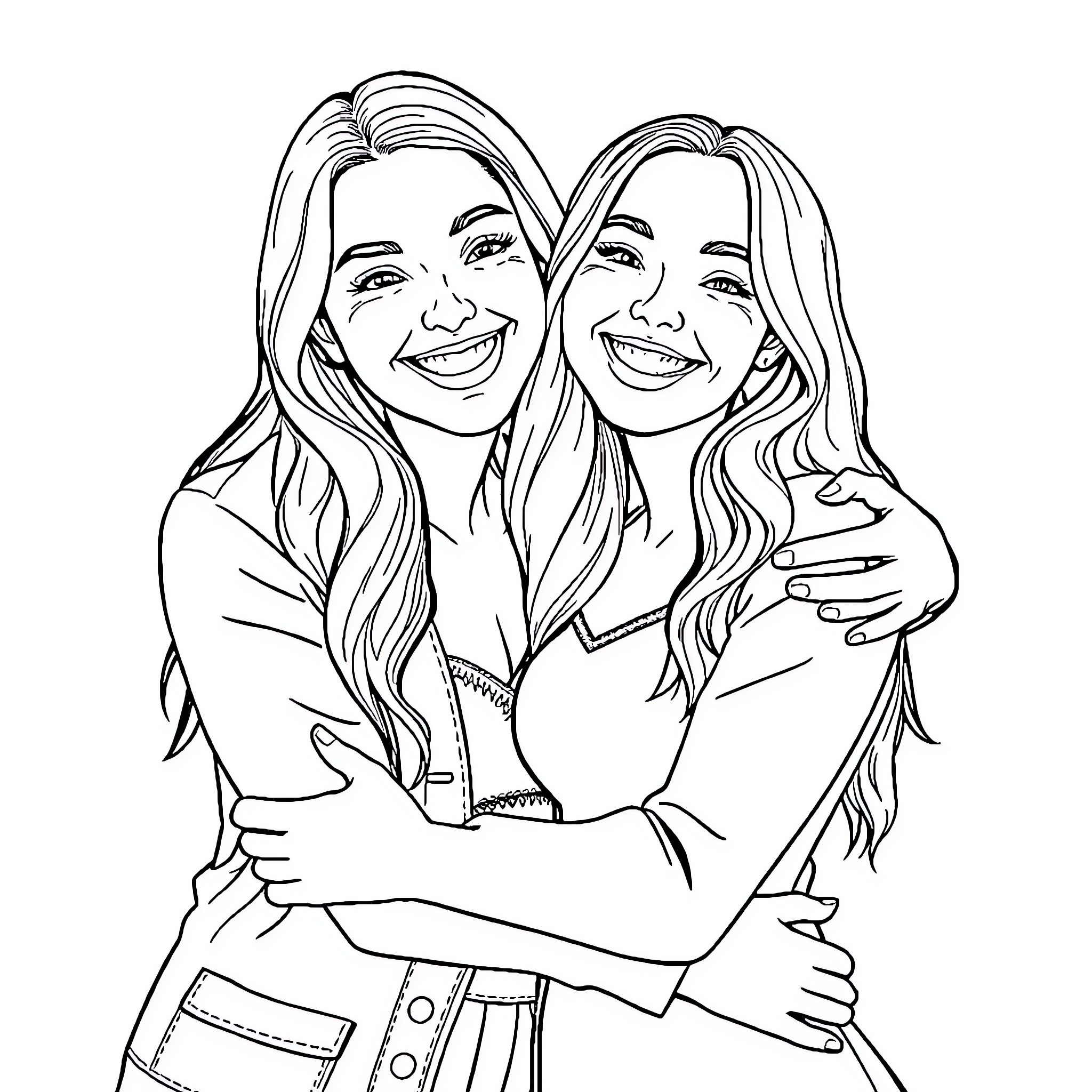 Sabrina Carpenter embracing with a friend, smiling happily Coloring Page (free black-and-white line drawing printable PDF for all, from beginners to advanced learners, including children, teens, adults, and seniors)