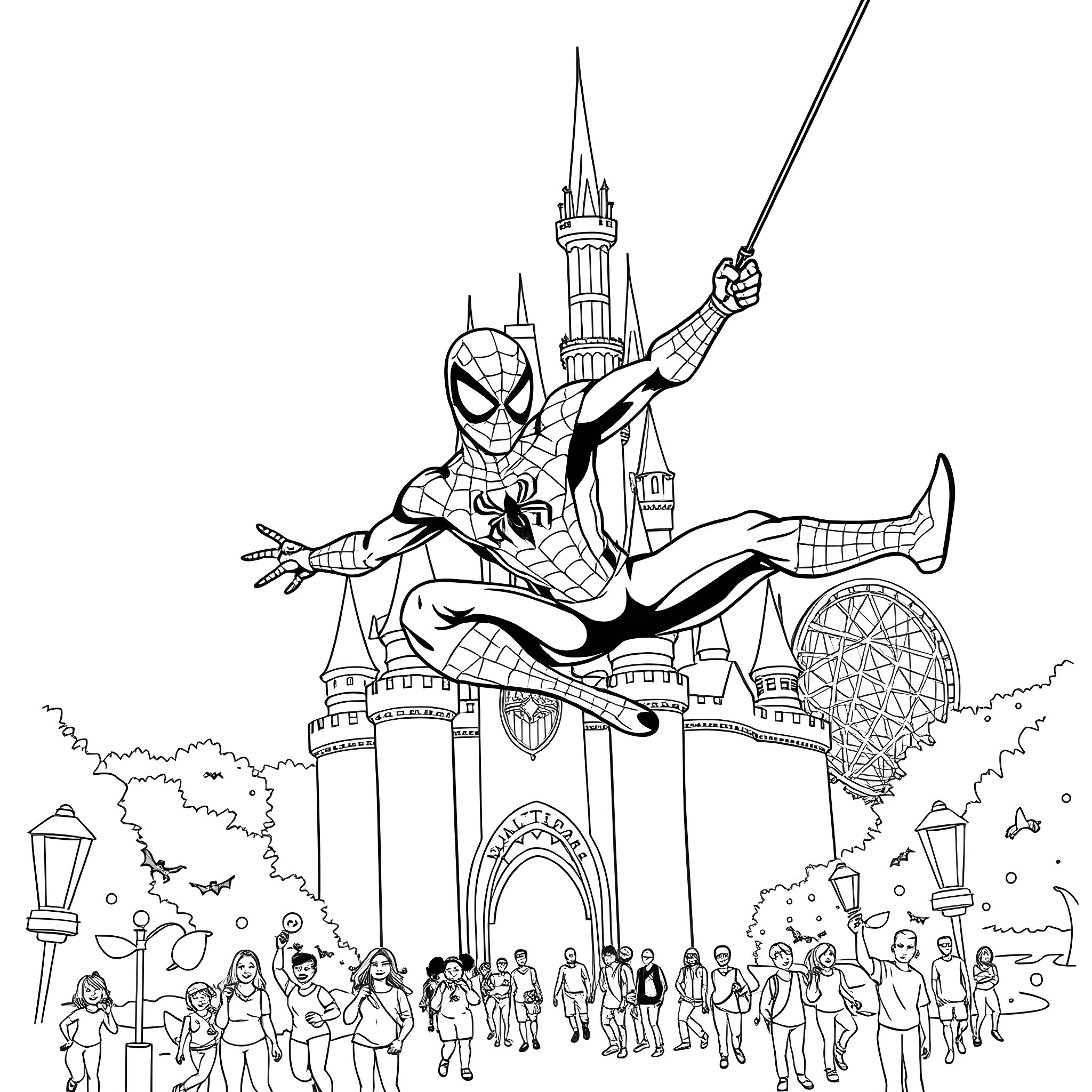 Spiderman swinging through a fantasy castle with people Coloring Page (free black-and-white line drawing printable PDF for all, from beginners to advanced learners, including children, teens, adults, and seniors)