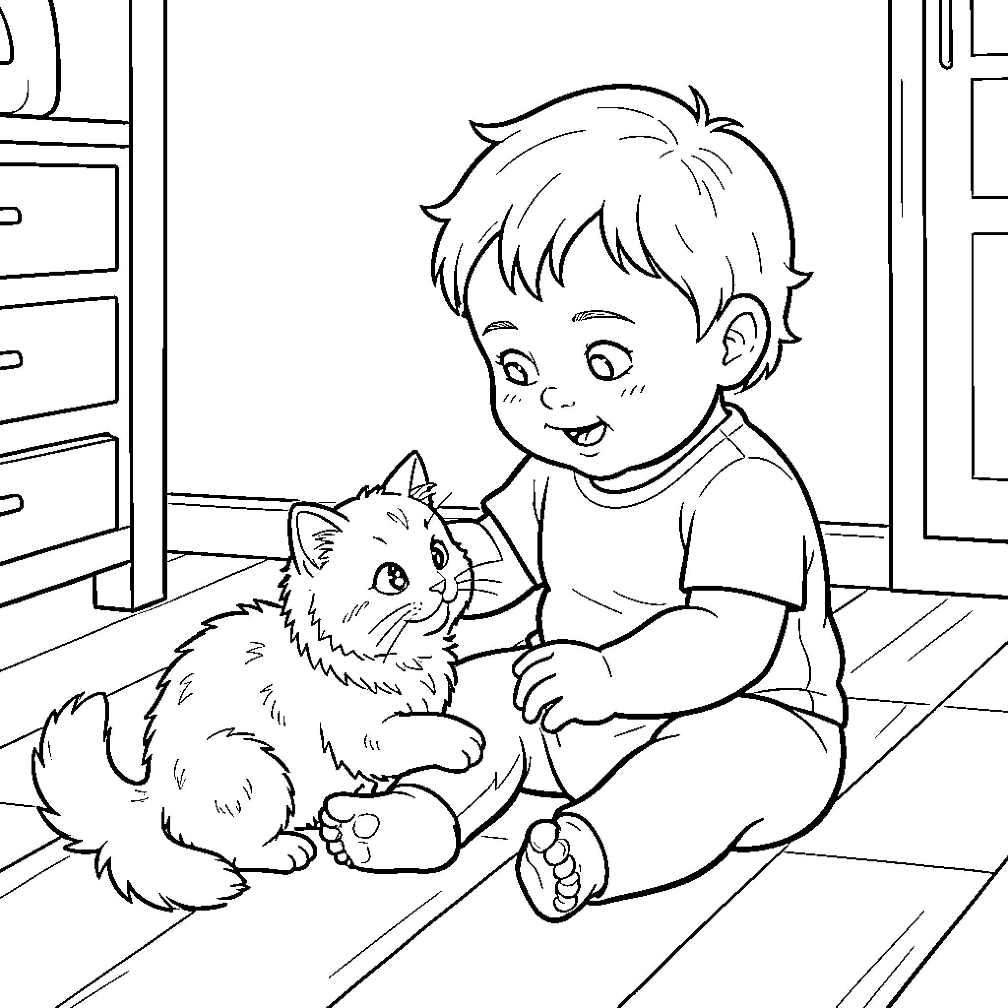 Baby sitting on floor playing with a kitten Coloring Page (free black-and-white line drawing printable PDF for all, from beginners to advanced learners, including children, teens, adults, and seniors)