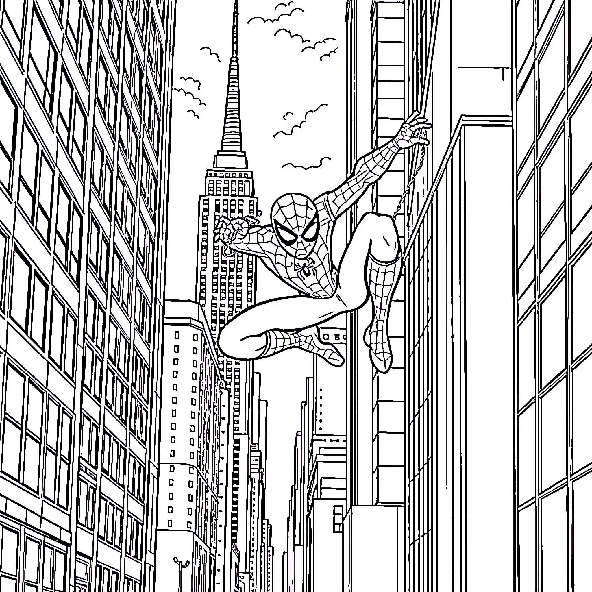 Spiderman swinging through the city skyline Coloring Page (free black-and-white line drawing printable PDF for all, from beginners to advanced learners, including children, teens, adults, and seniors)