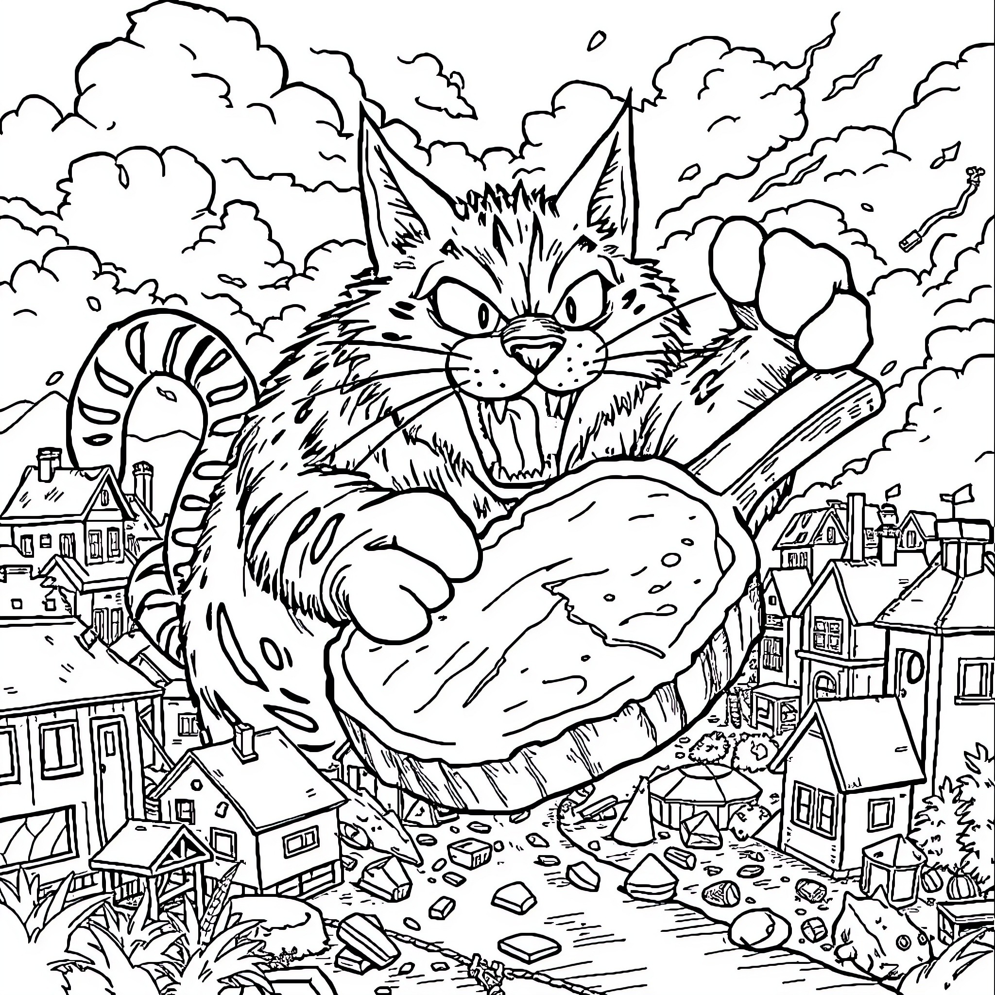 Cat in an Angry Rampage Through the City Coloring Page (free black-and-white line drawing printable PDF for all, from beginners to advanced learners, including children, teens, adults, and seniors)