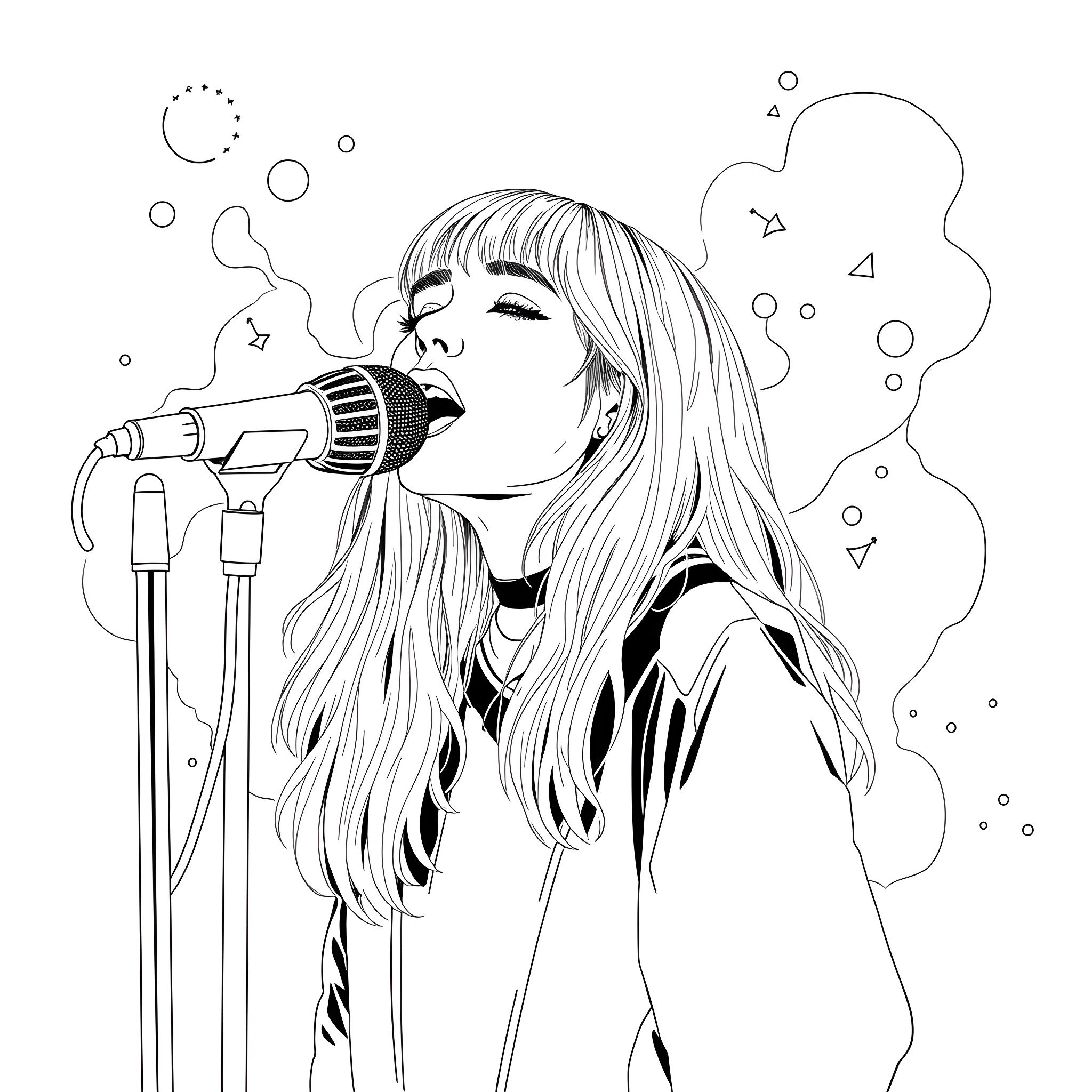 Billie Eilish singing on stage with microphone Coloring Page (free black-and-white line drawing printable PDF for all, from beginners to advanced learners, including children, teens, adults, and seniors)