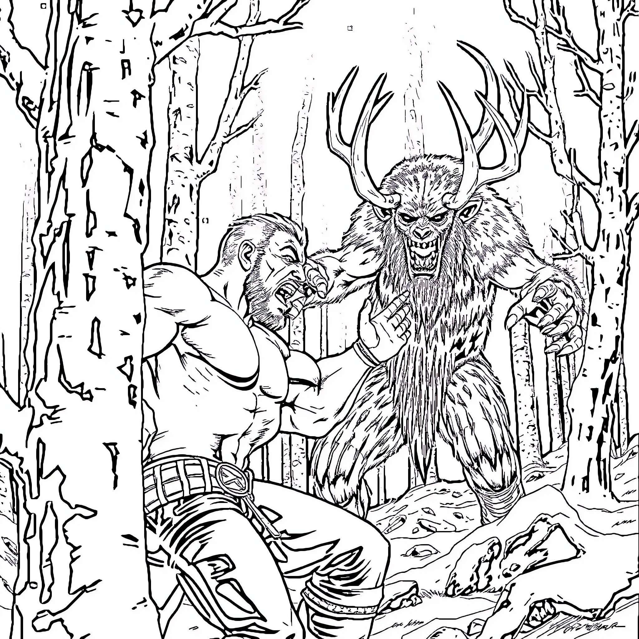 Stone Cold Mythical Creature Encounter in the Woods Coloring Page (free black-and-white line drawing printable PDF for all, from beginners to advanced learners, including children, teens, adults, and seniors)