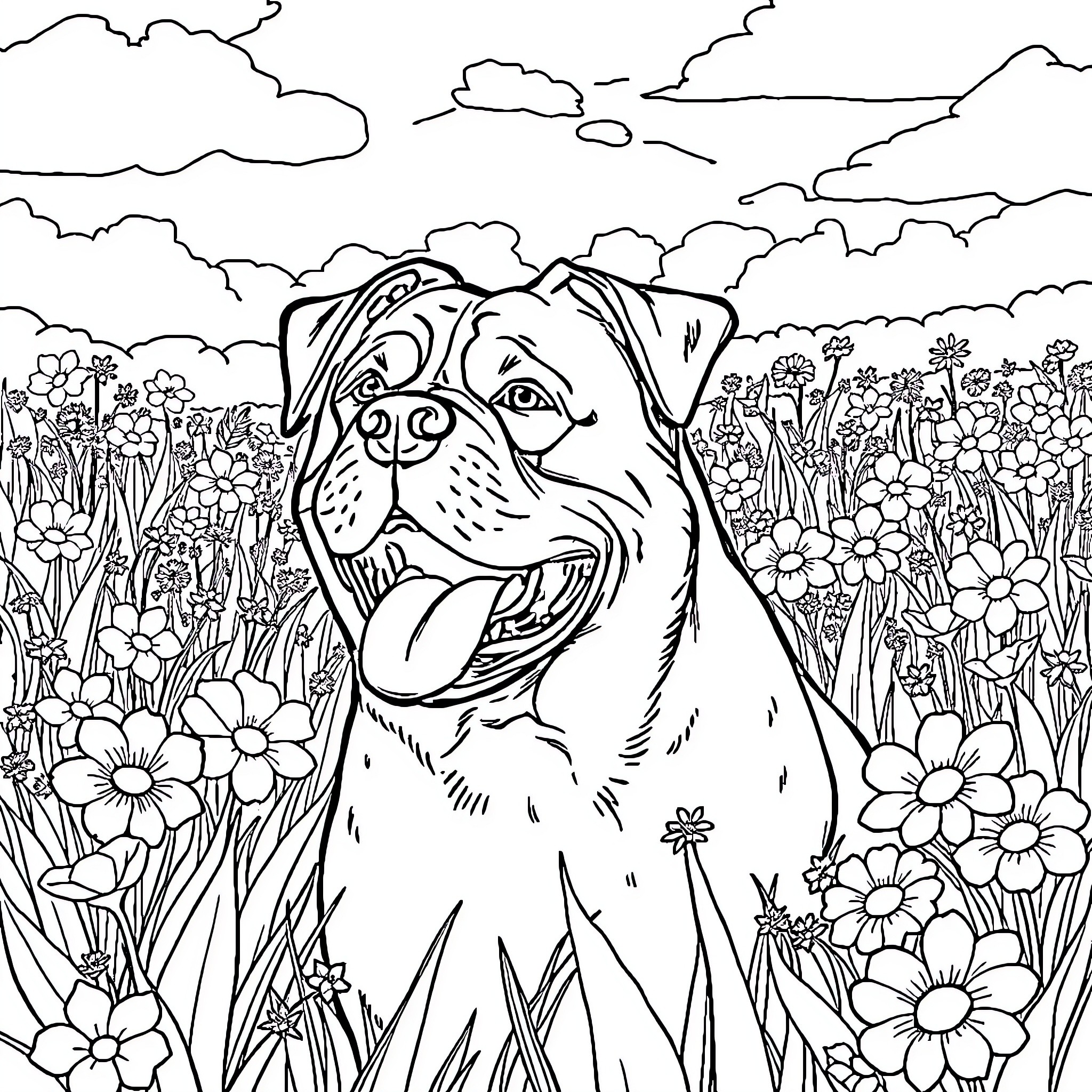 Dog in a Flower-Filled Meadow Coloring Page (free black-and-white line drawing printable PDF for all, from beginners to advanced learners, including children, teens, adults, and seniors)