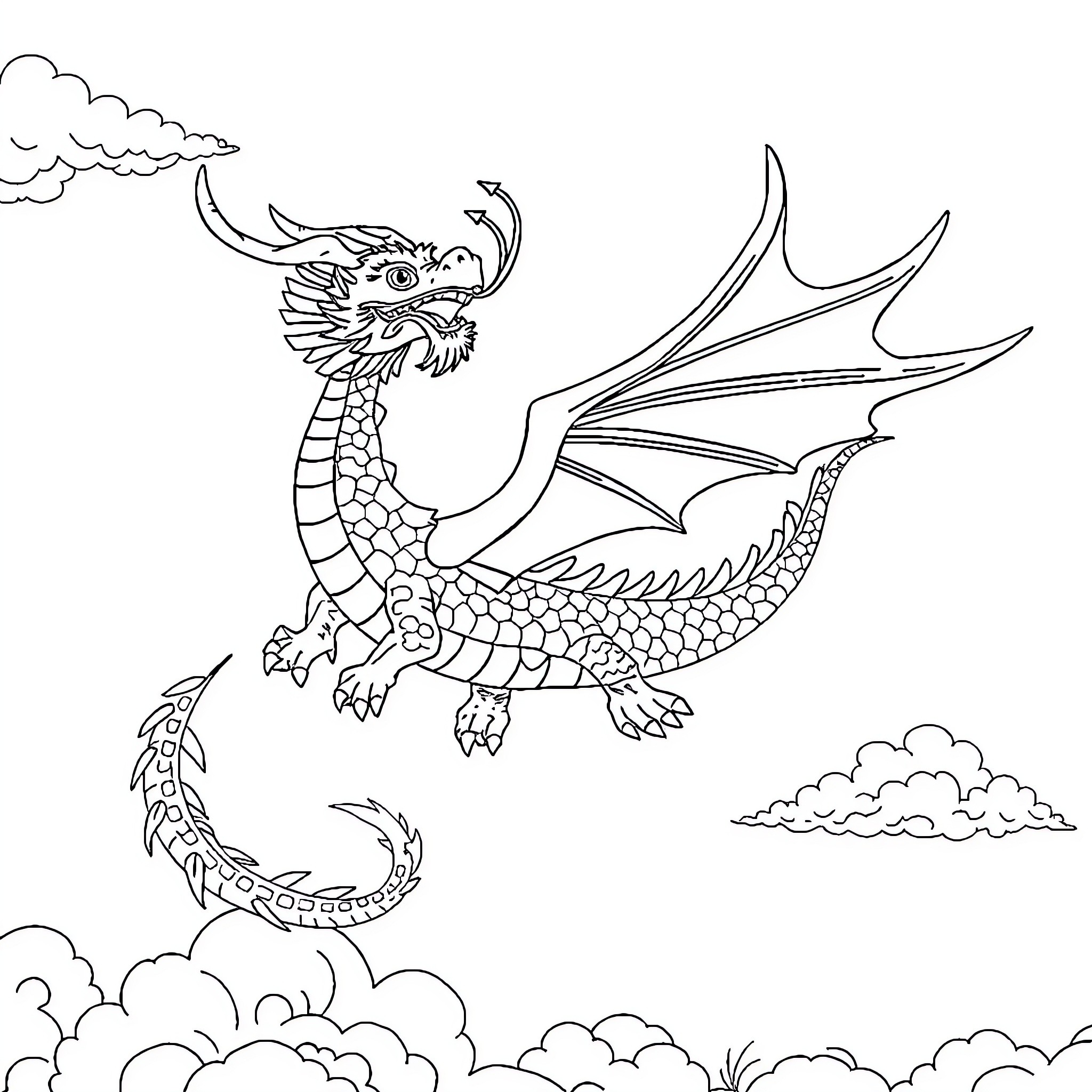 Dragon soaring through the clouds Coloring Page (free black-and-white line drawing printable PDF for all, from beginners to advanced learners, including children, teens, adults, and seniors)