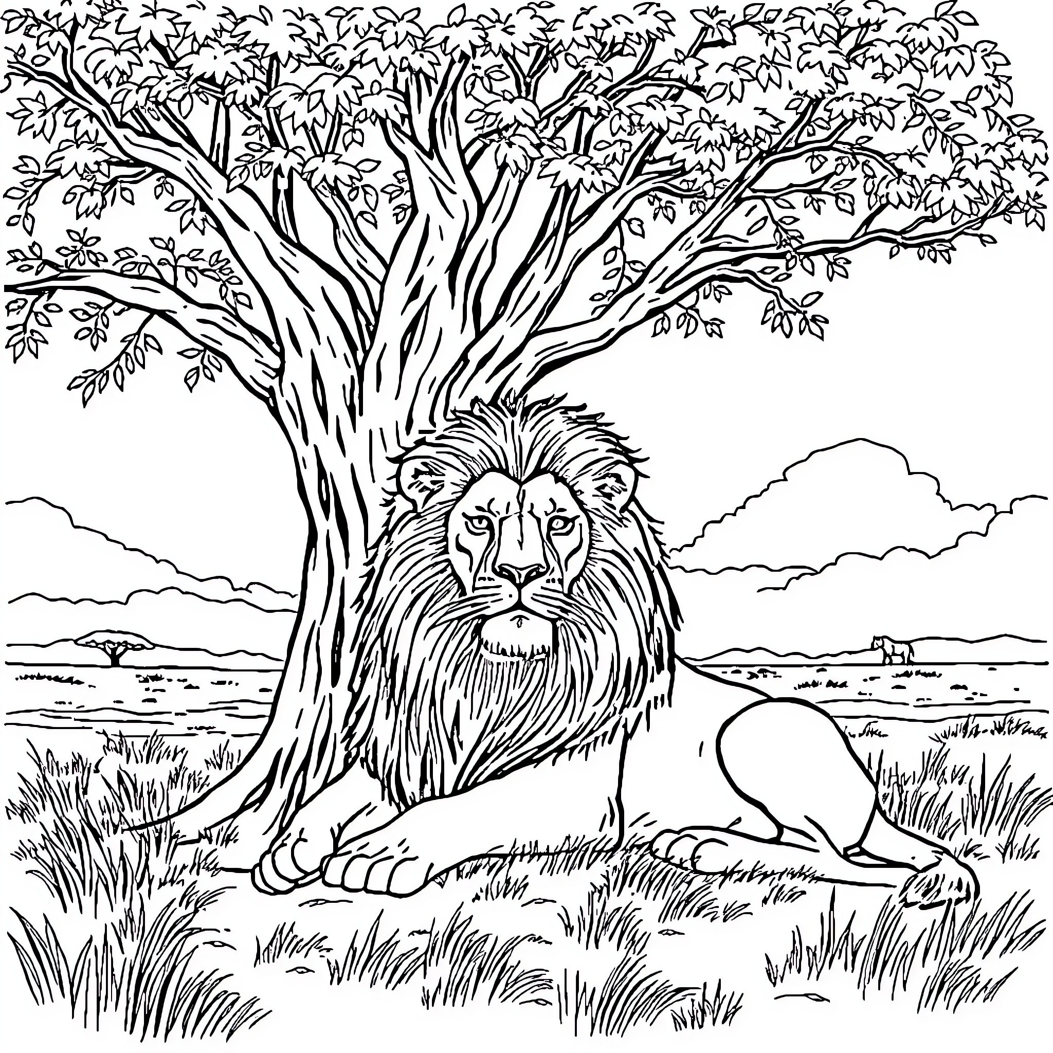 Lion resting under a large, lush tree Coloring Page (free black-and-white line drawing printable PDF for all, from beginners to advanced learners, including children, teens, adults, and seniors)