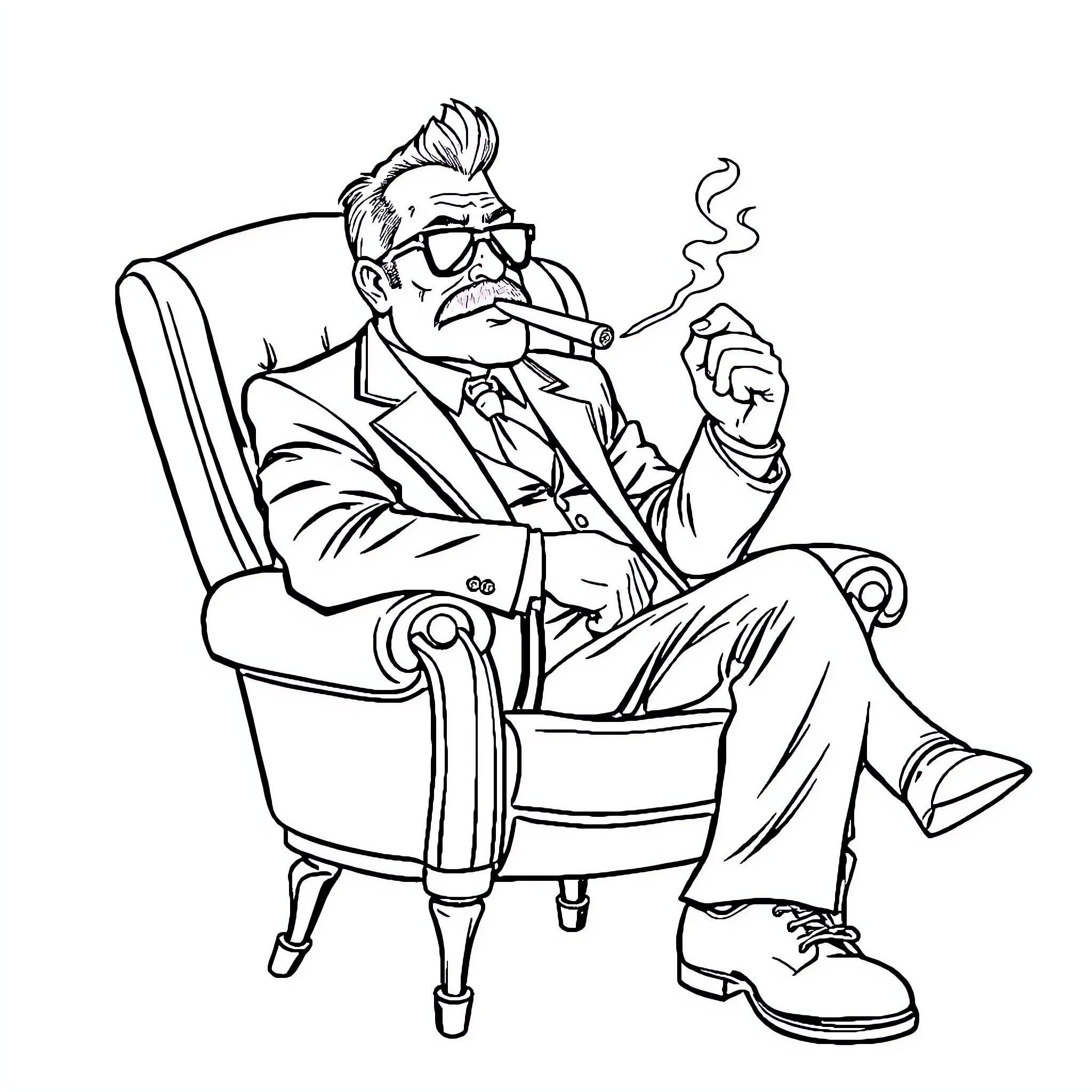 M.o.d.o.k sitting in armchair smoking cigar Coloring Page (free black-and-white line drawing printable PDF for all, from beginners to advanced learners, including children, teens, adults, and seniors)