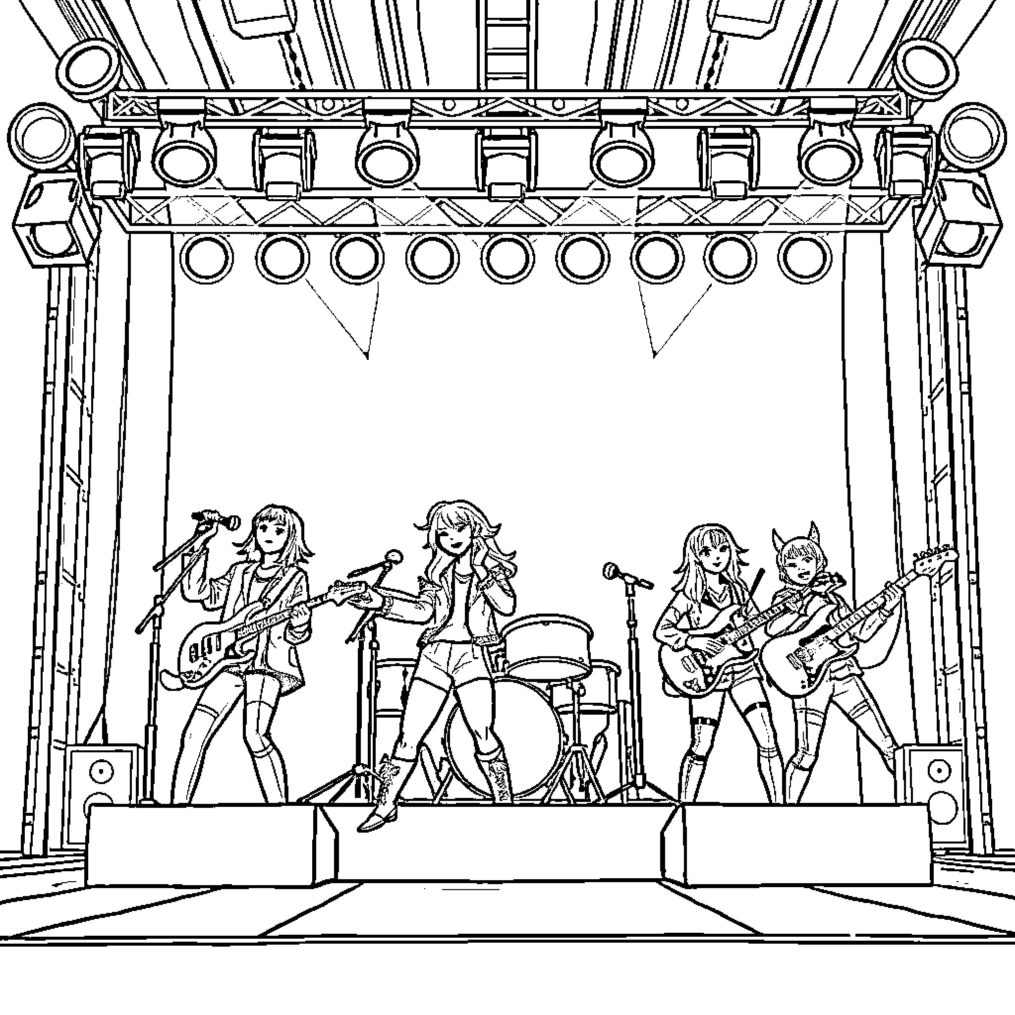 Huntrix Rock Band Performing on Stage Coloring Page (free black-and-white line drawing printable PDF for all, from beginners to advanced learners, including children, teens, adults, and seniors)