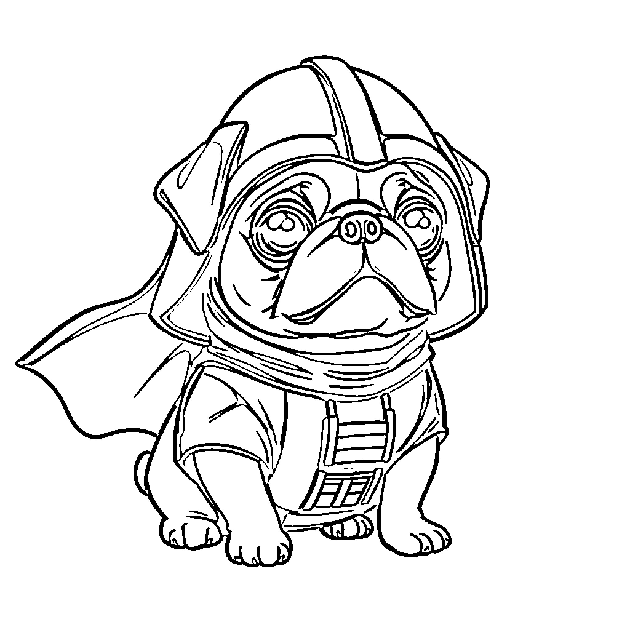 Pug dressed as a space explorer Coloring Page (free black-and-white line drawing printable PDF for all, from beginners to advanced learners, including children, teens, adults, and seniors)