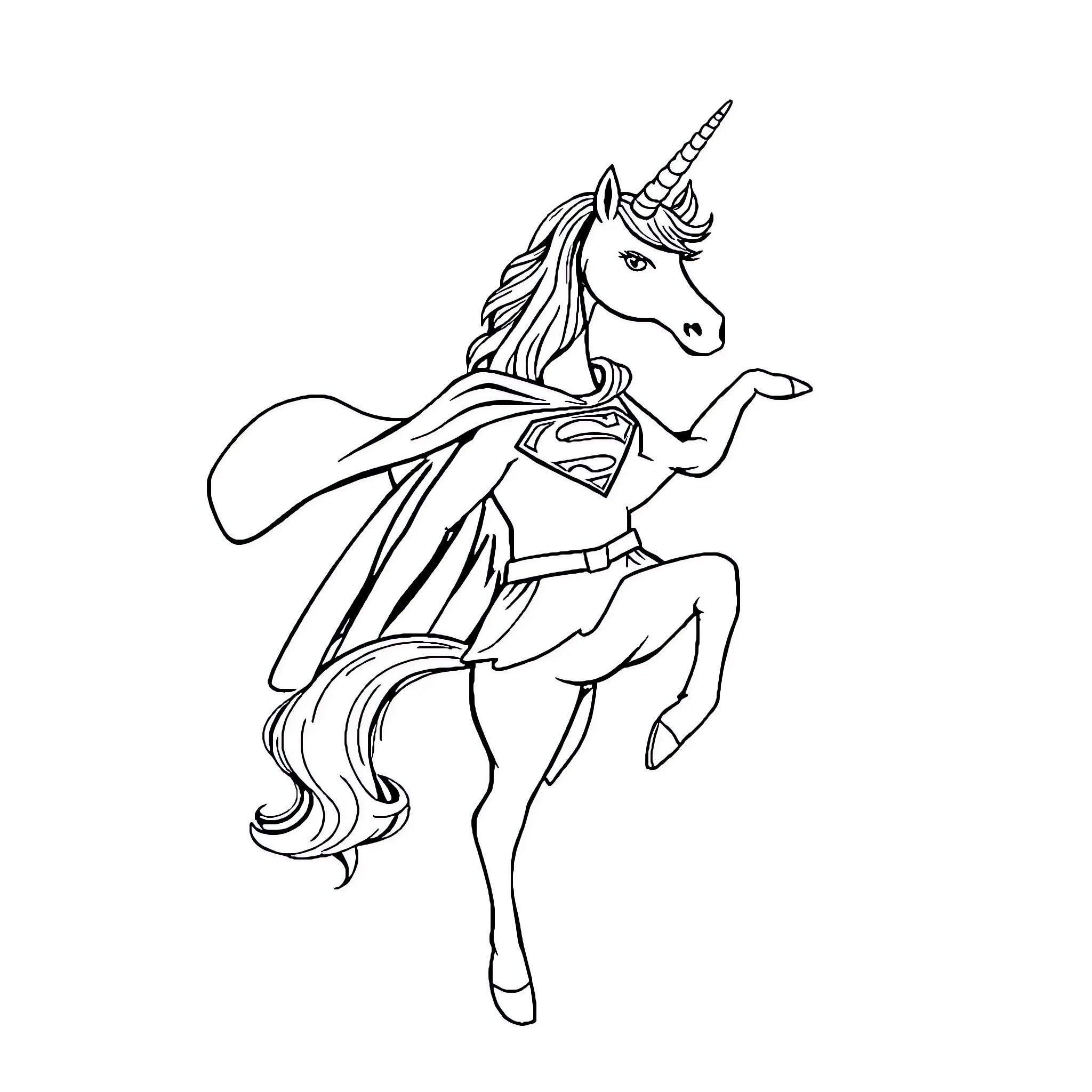 Unicorn superhero in heroic pose Coloring Page (free black-and-white line drawing printable PDF for all, from beginners to advanced learners, including children, teens, adults, and seniors)