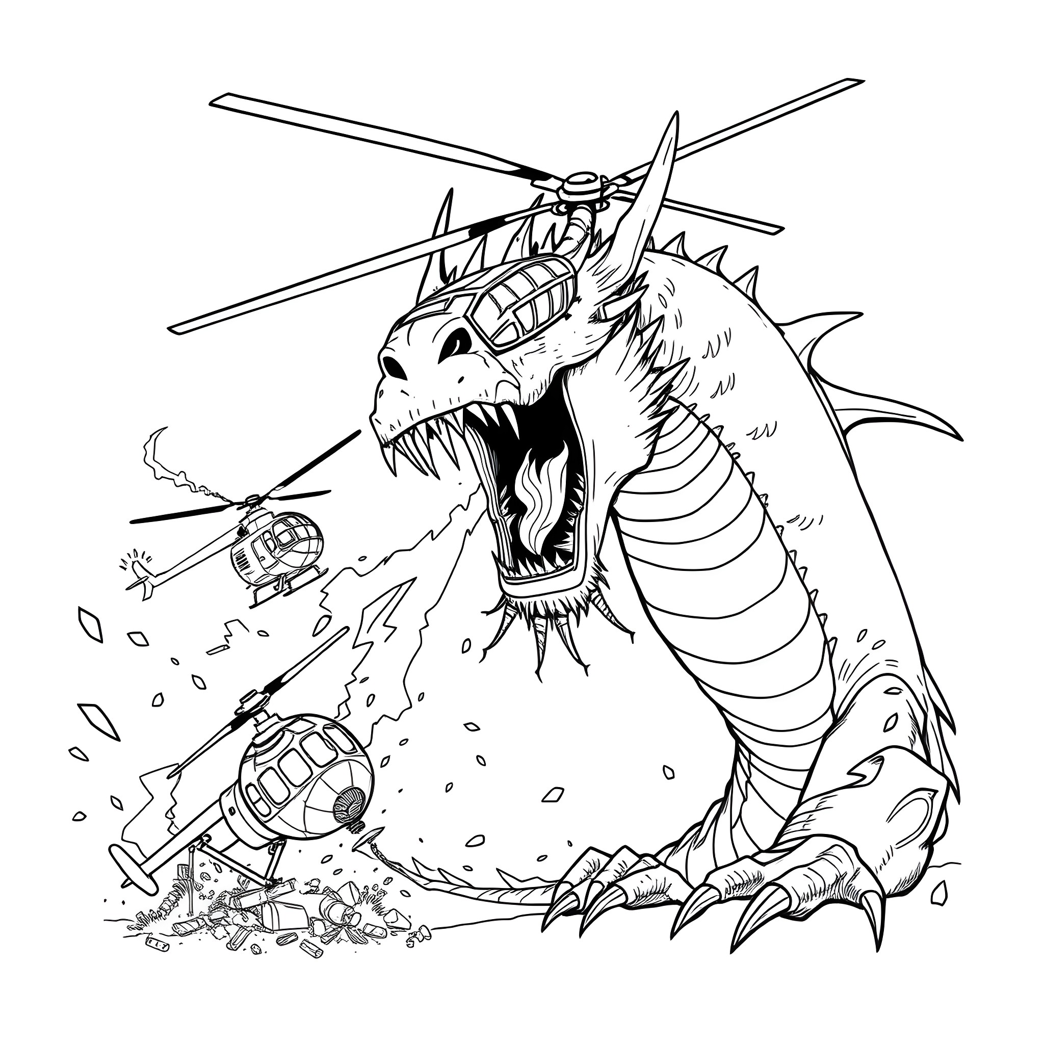 Dragon attacking helicopter with destructive power Coloring Page (free black-and-white line drawing printable PDF for all, from beginners to advanced learners, including children, teens, adults, and seniors)