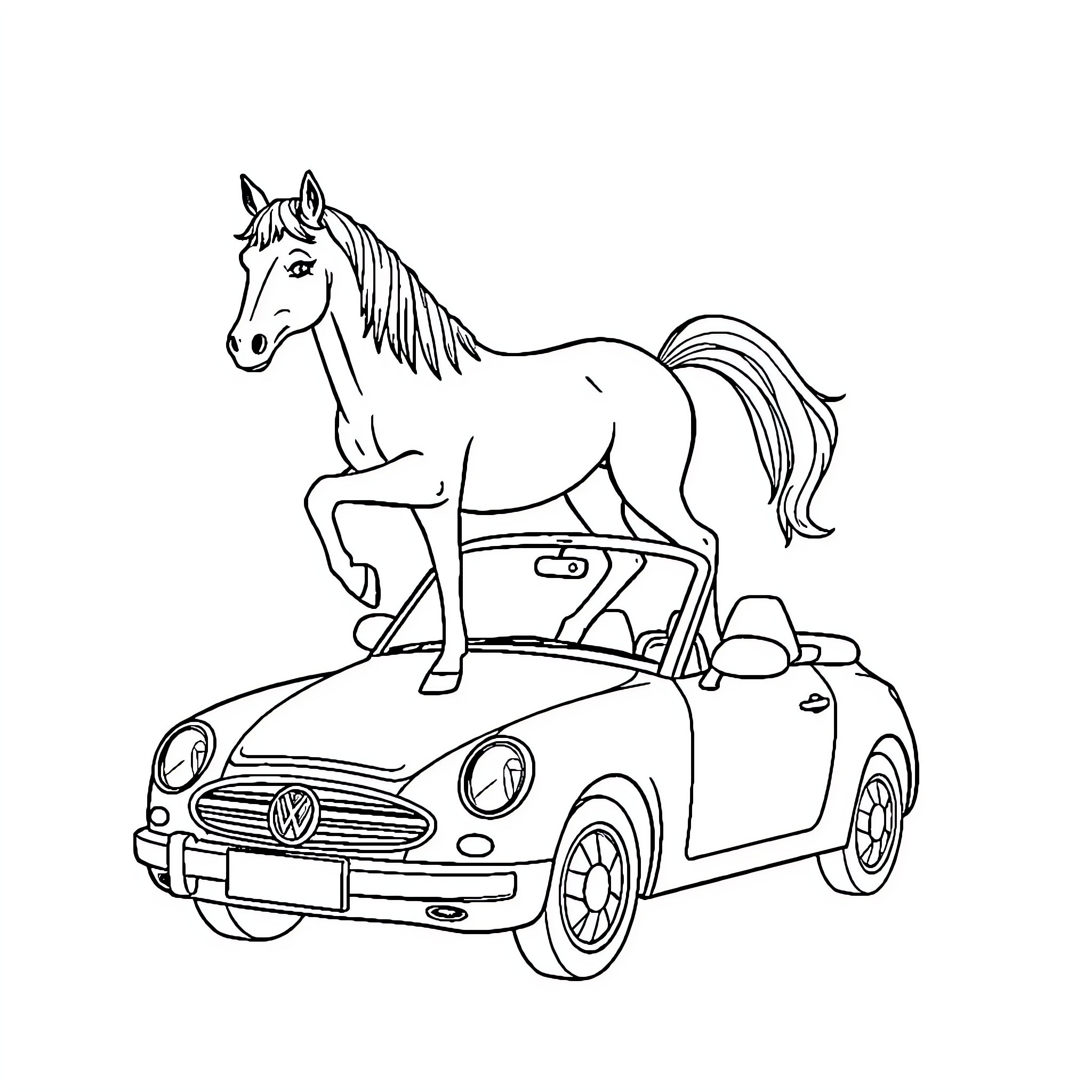 Horse riding in a small convertible car Coloring Page (free black-and-white line drawing printable PDF for all, from beginners to advanced learners, including children, teens, adults, and seniors)