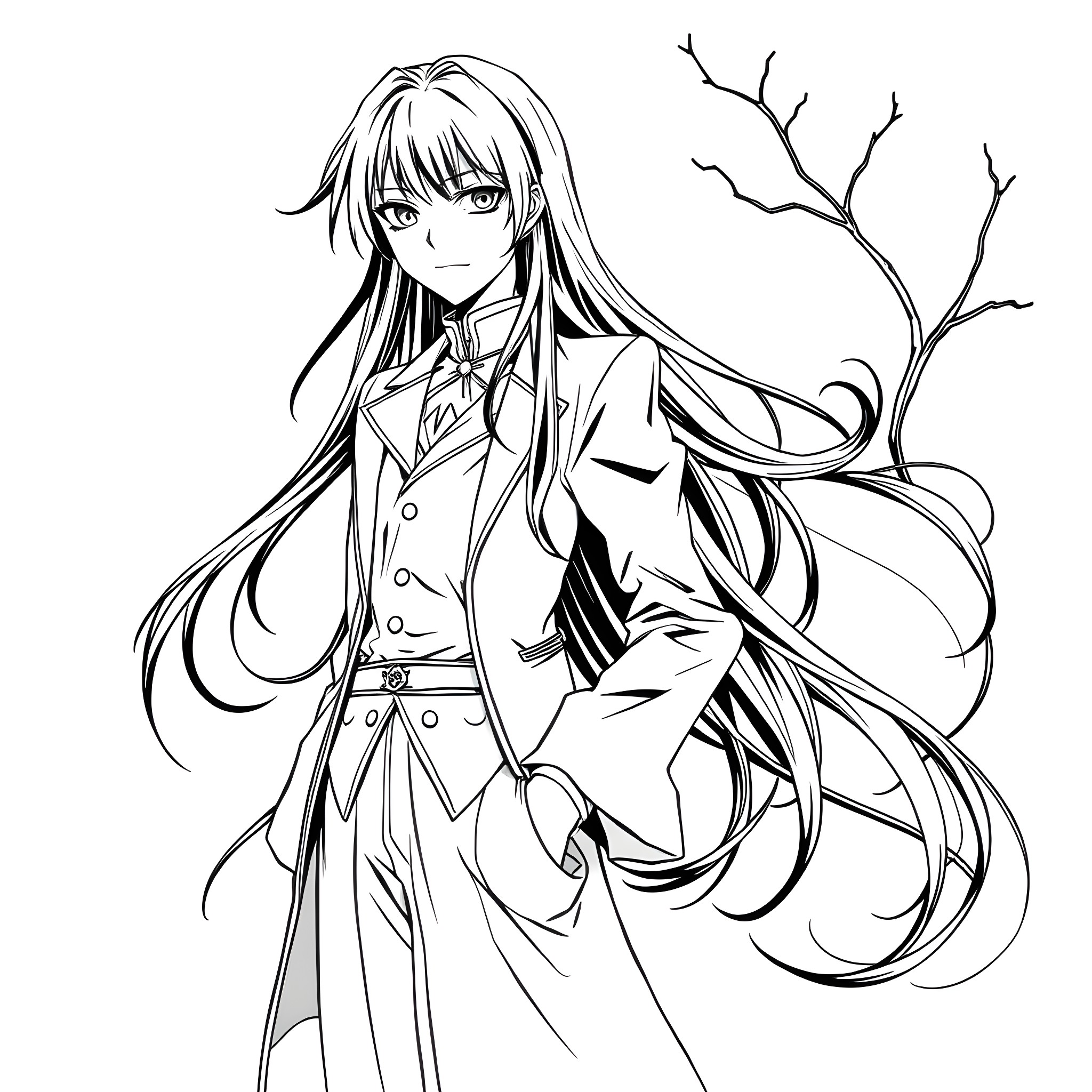 Kaname Kuran in a Formal Attire with Flowing Hair Coloring Page (free black-and-white line drawing printable PDF for all, from beginners to advanced learners, including children, teens, adults, and seniors)