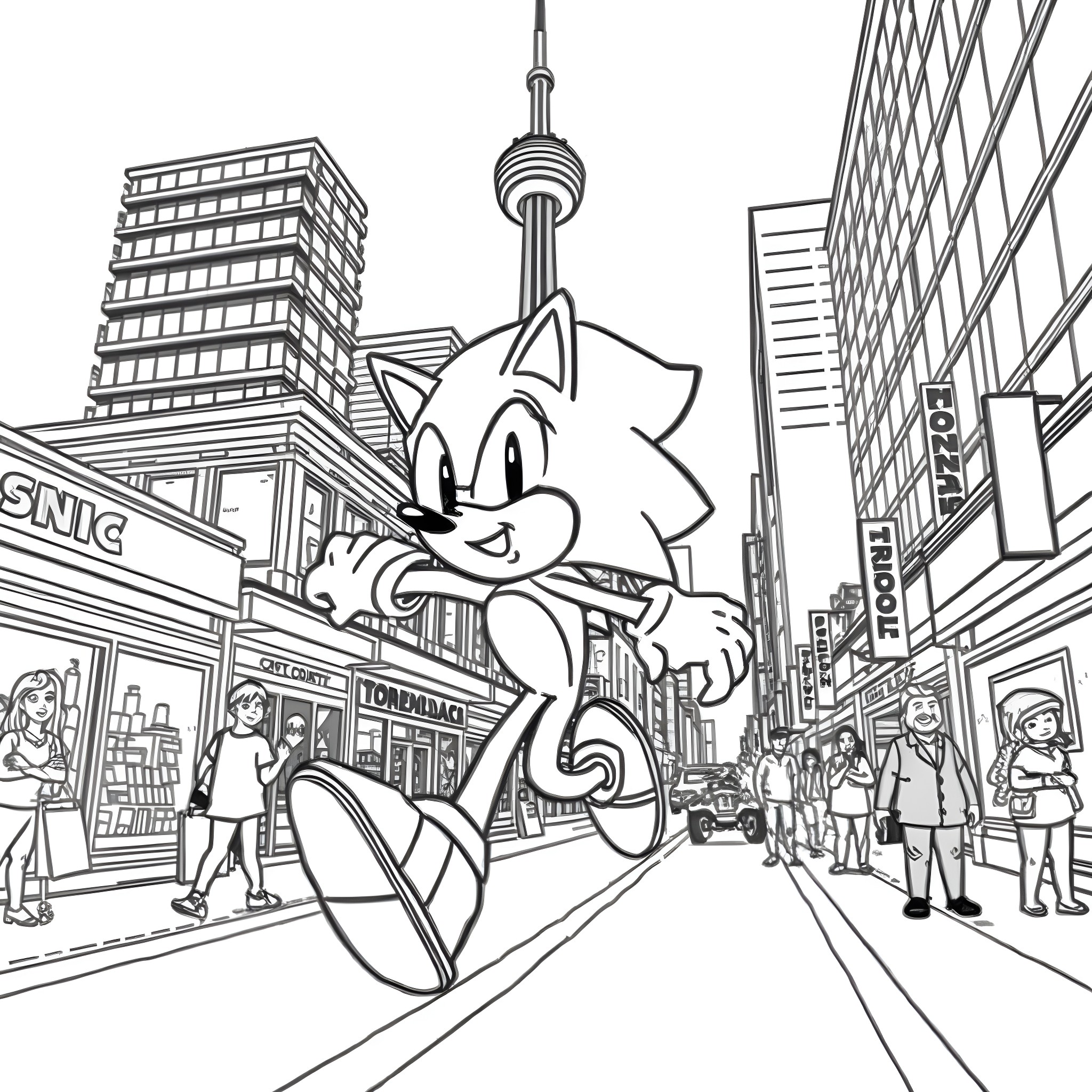 Sonic running through a bustling city street Coloring Page (free black-and-white line drawing printable PDF for all, from beginners to advanced learners, including children, teens, adults, and seniors)