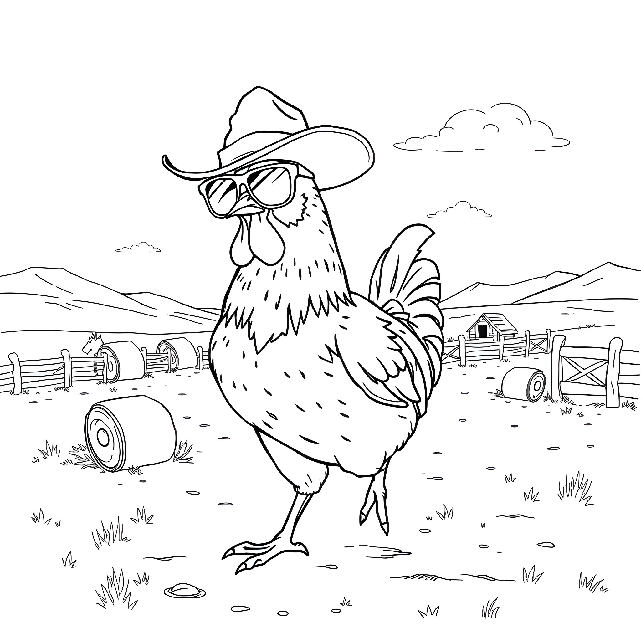 Chicken wearing sunglasses in a rural farmyard scene Coloring Page (free black-and-white line drawing printable PDF for all, from beginners to advanced learners, including children, teens, adults, and seniors)