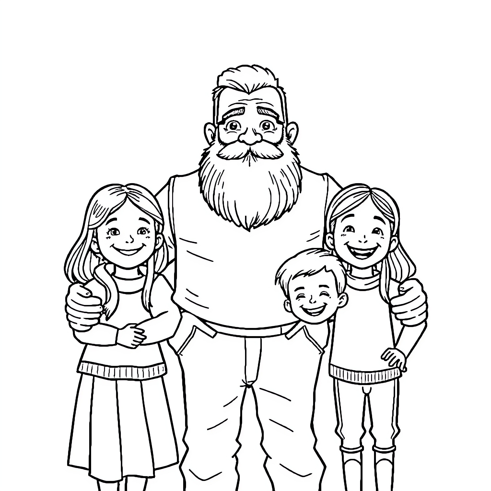 Dad spending quality time with his children Coloring Page (free black-and-white line drawing printable PDF for all, from beginners to advanced learners, including children, teens, adults, and seniors)