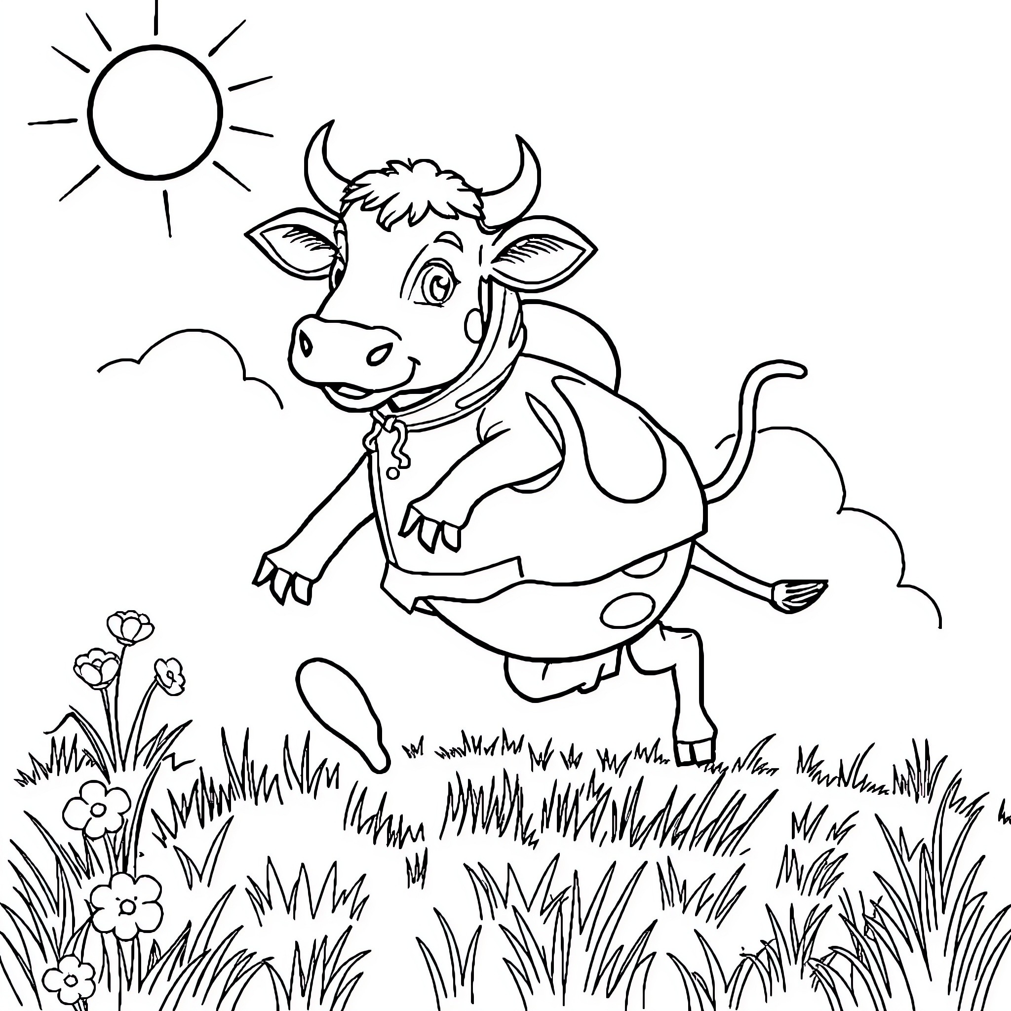 Cow happily frolicking in a sunny meadow Coloring Page (free black-and-white line drawing printable PDF for all, from beginners to advanced learners, including children, teens, adults, and seniors)