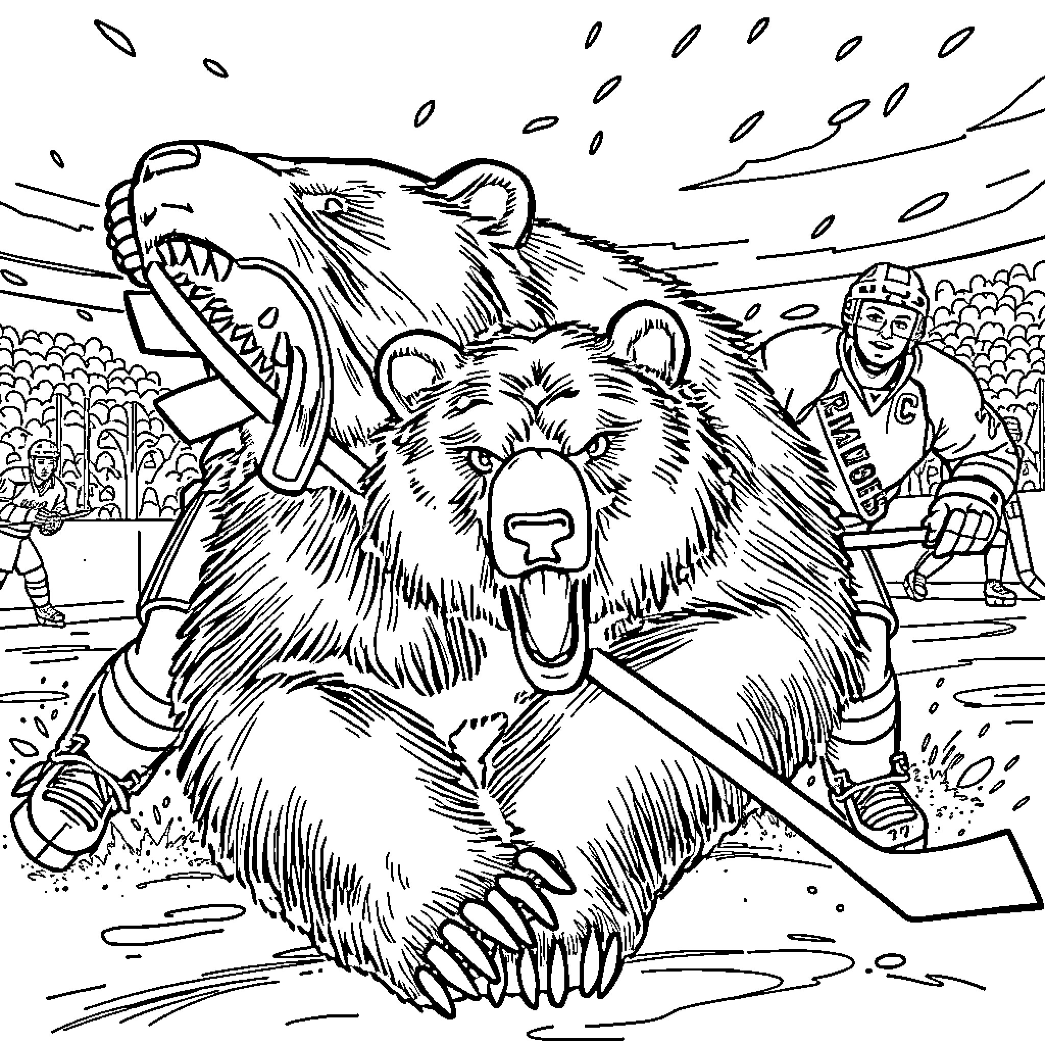 Bear aggressively defending hockey team on ice Coloring Page (free black-and-white line drawing printable PDF for all, from beginners to advanced learners, including children, teens, adults, and seniors)