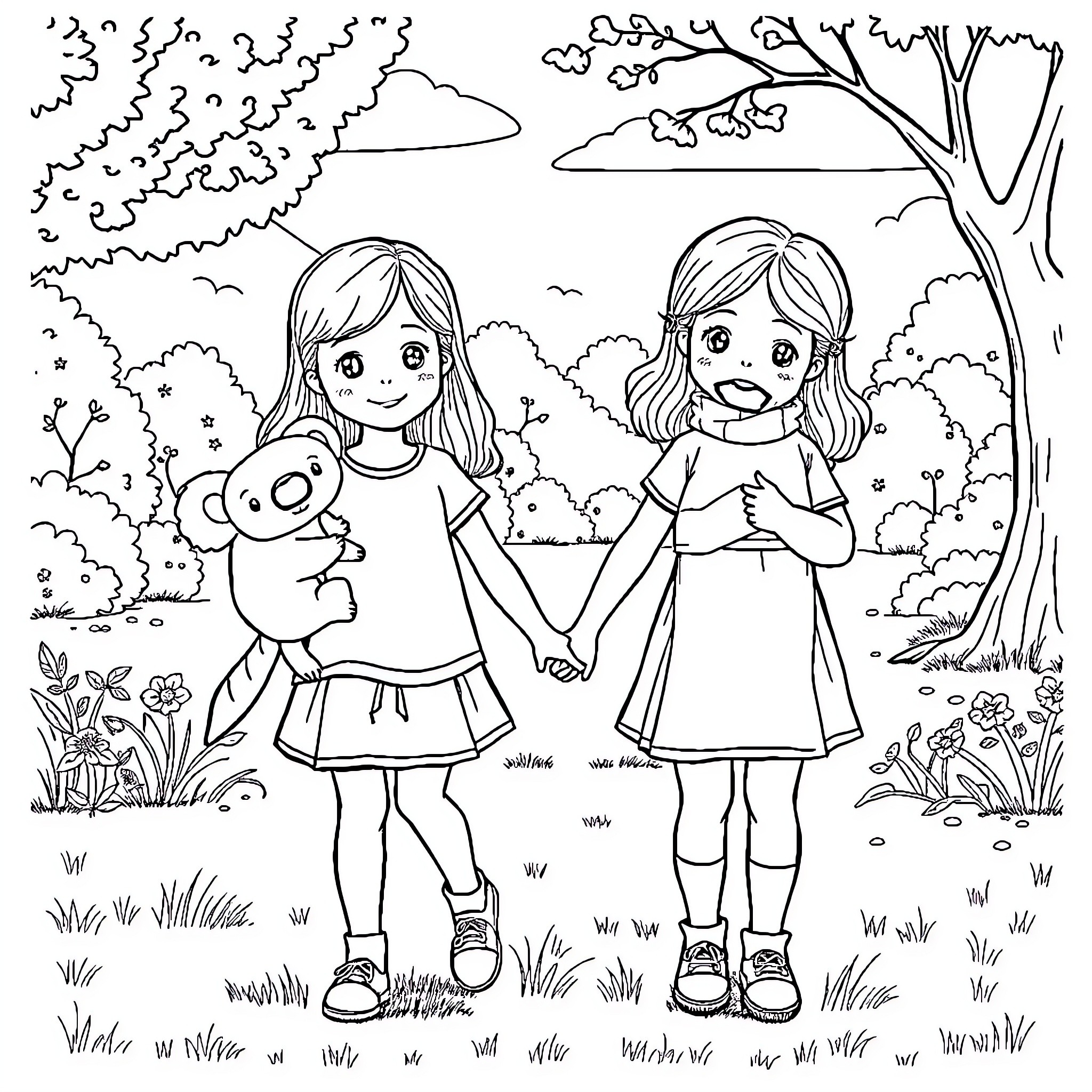 Girls holding hands with stuffed animal in nature scene Coloring Page (free black-and-white line drawing printable PDF for all, from beginners to advanced learners, including children, teens, adults, and seniors)