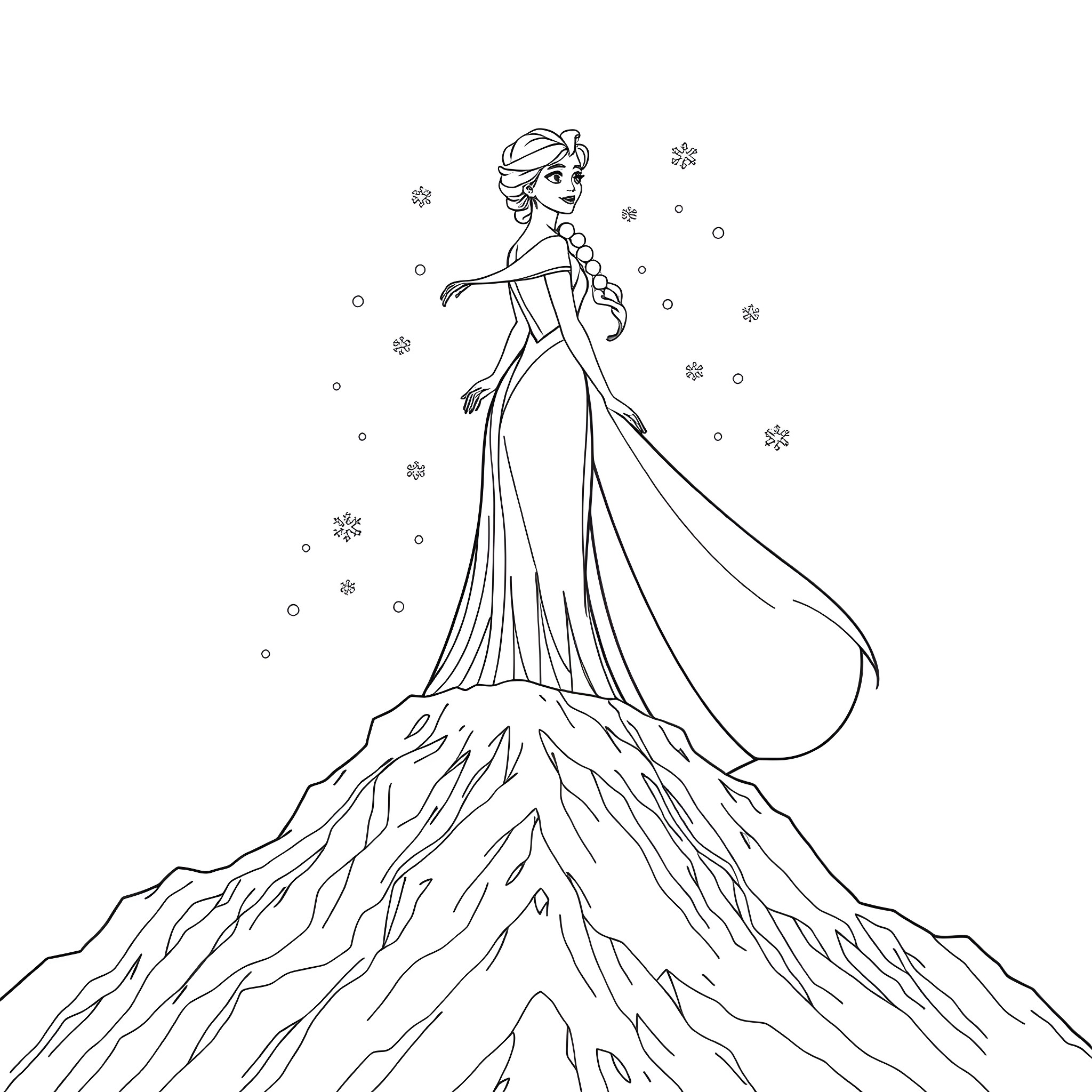 Elsa in her icy gown, surrounded by snowflakes Coloring Page (free black-and-white line drawing printable PDF for all, from beginners to advanced learners, including children, teens, adults, and seniors)