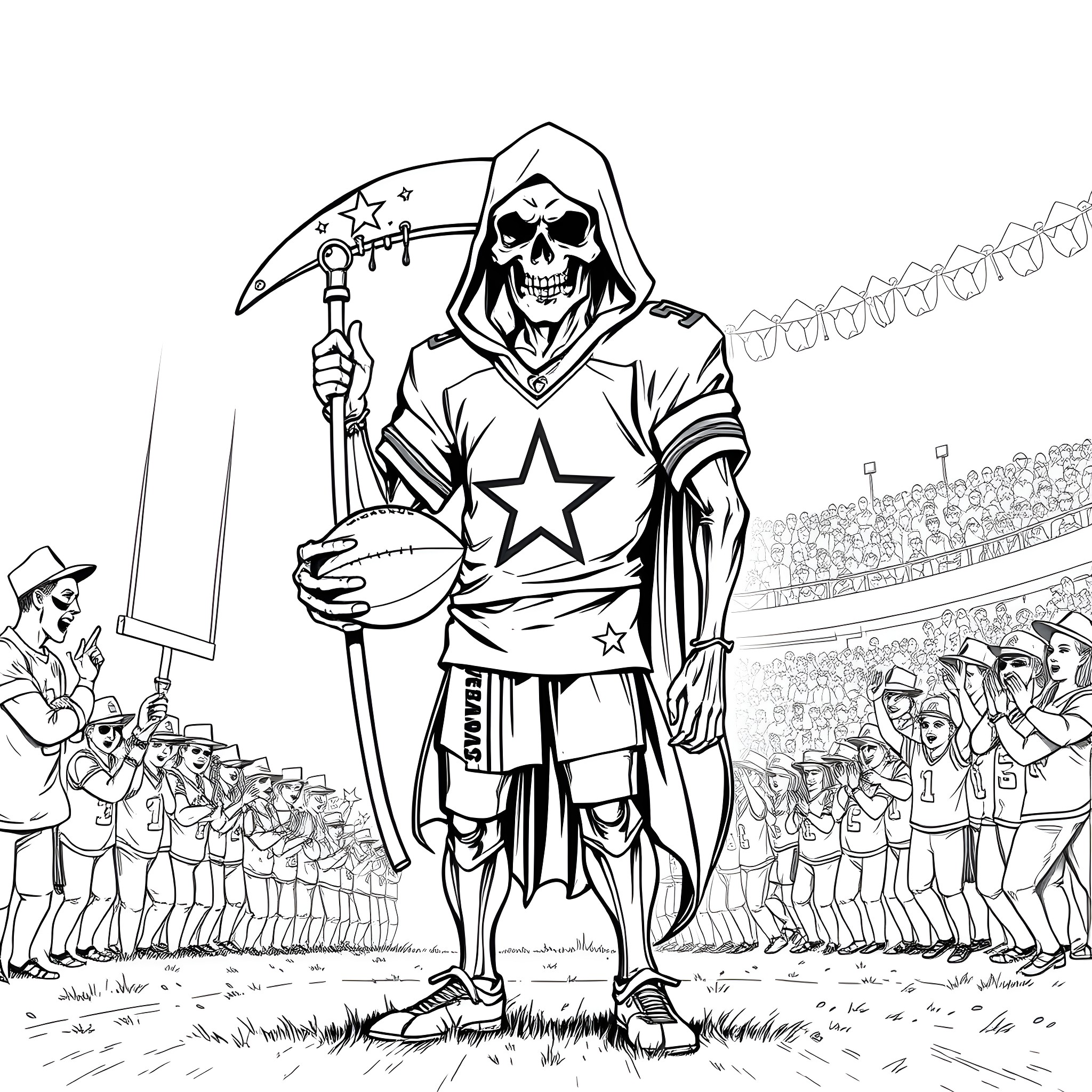 Grim Reaper commanding an army in a sports stadium Coloring Page (free black-and-white line drawing printable PDF for all, from beginners to advanced learners, including children, teens, adults, and seniors)