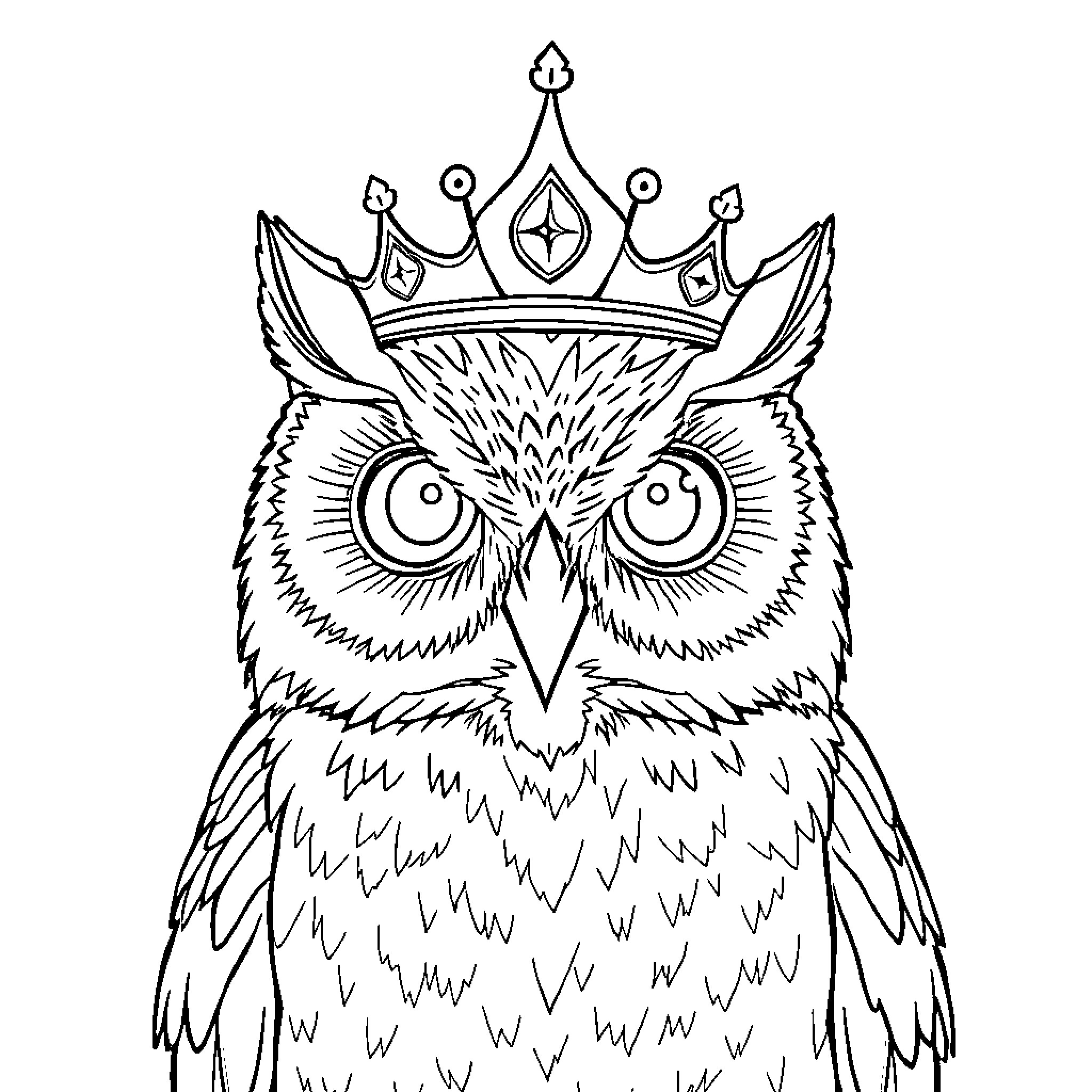Owl with majestic crown gazing attentively Coloring Page (free black-and-white line drawing printable PDF for all, from beginners to advanced learners, including children, teens, adults, and seniors)