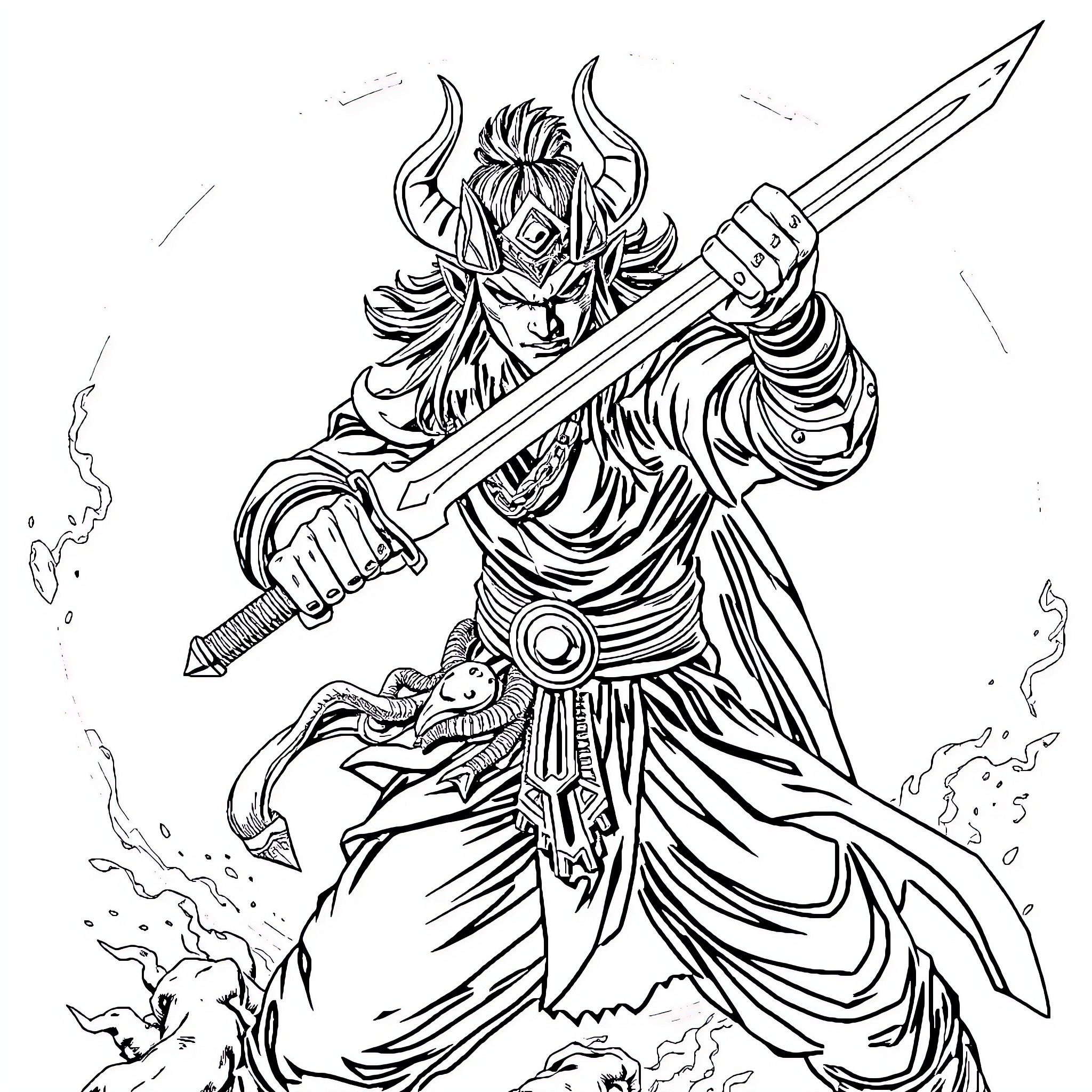 Tanjiro, the Powerful Demon Slayer in Action Coloring Page (free black-and-white line drawing printable PDF for all, from beginners to advanced learners, including children, teens, adults, and seniors)