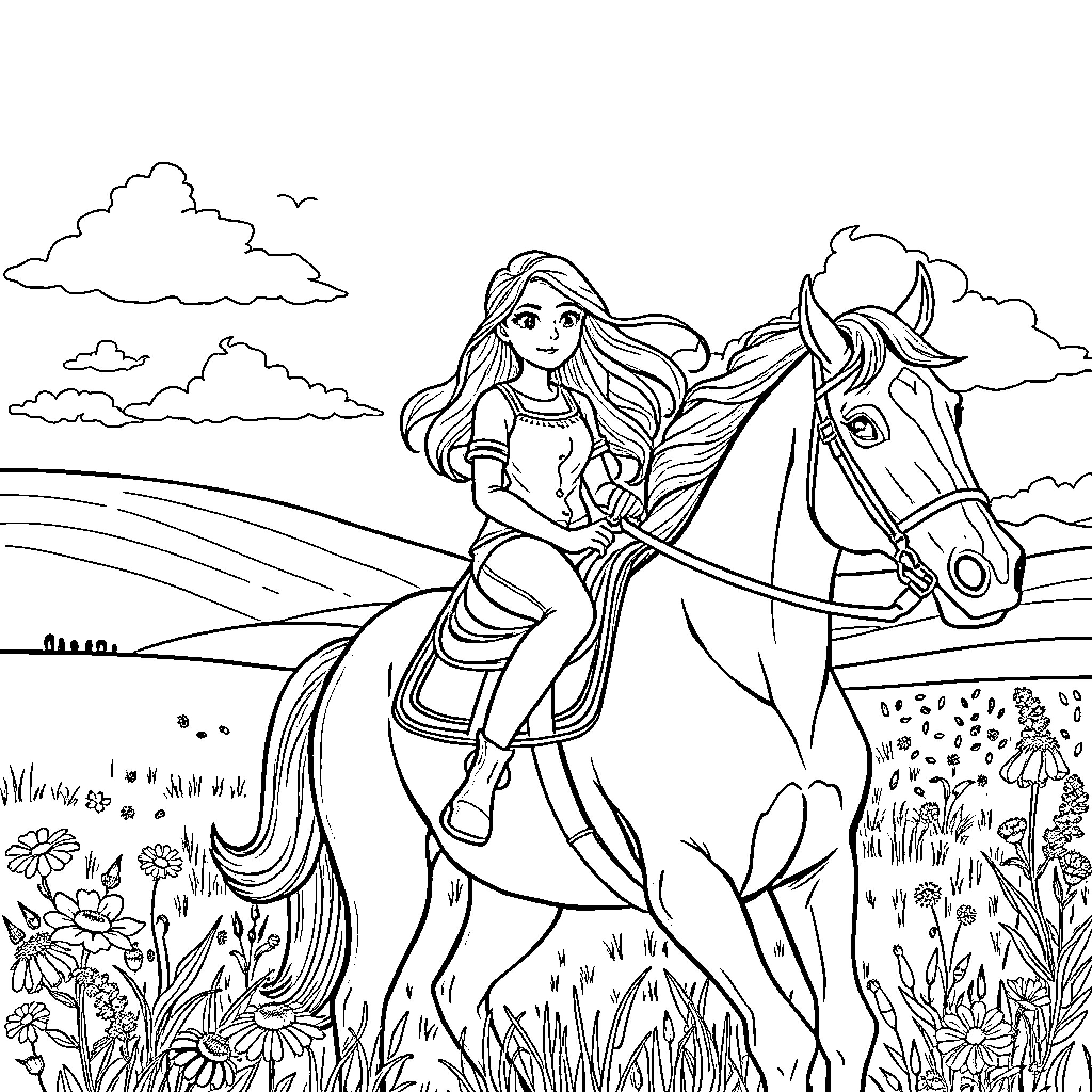 Girl riding a horse through a scenic landscape Coloring Page (free black-and-white line drawing printable PDF for all, from beginners to advanced learners, including children, teens, adults, and seniors)
