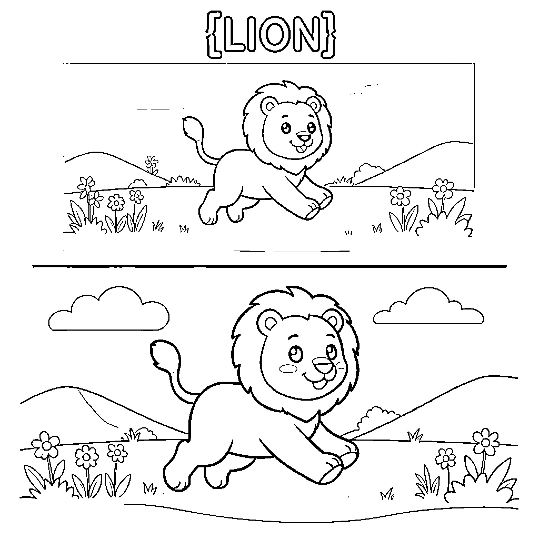 Lion running happily through the meadow Coloring Page (free black-and-white line drawing printable PDF for all, from beginners to advanced learners, including children, teens, adults, and seniors)