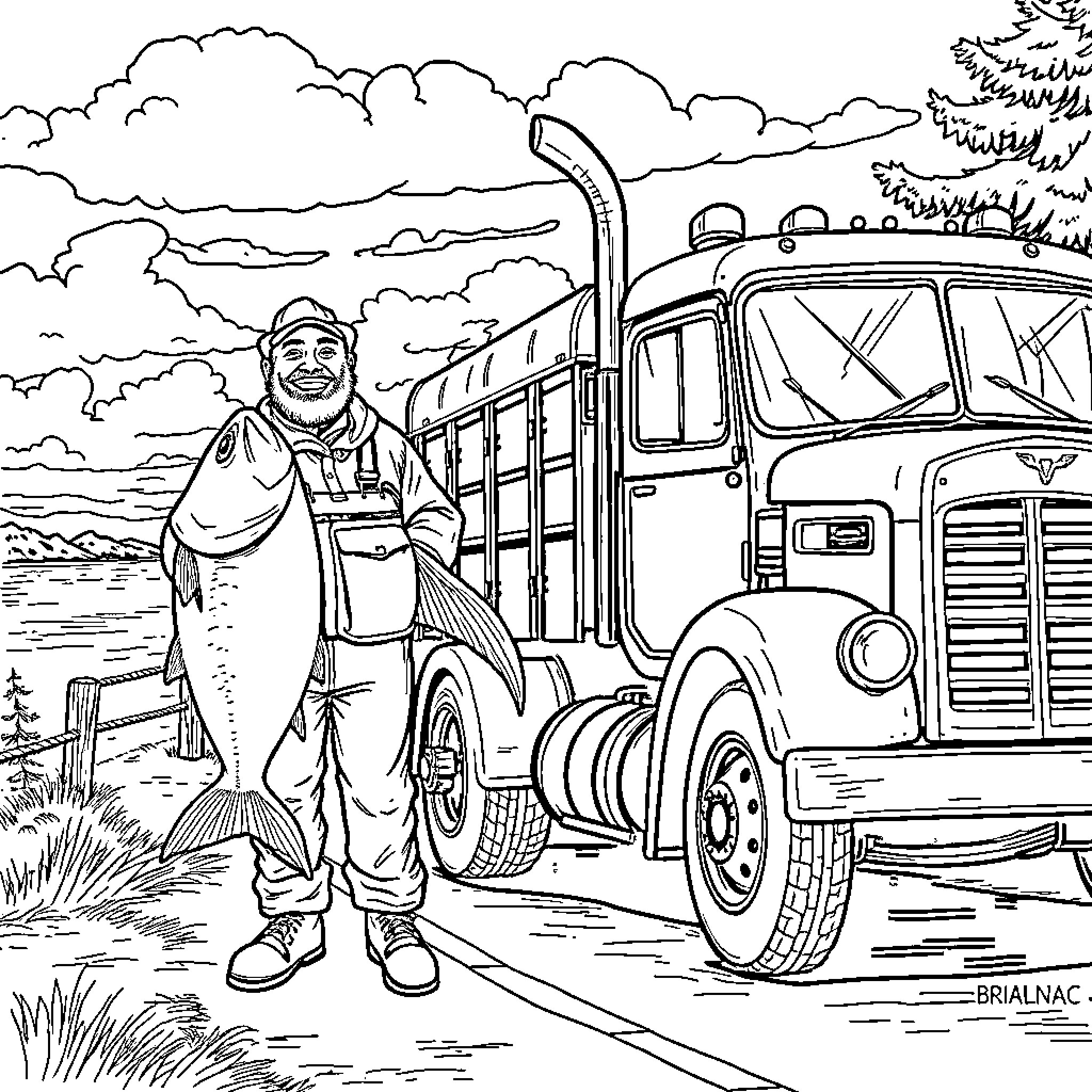 Fisherman hauling catch by old truck in rural landscape Coloring Page (free black-and-white line drawing printable PDF for all, from beginners to advanced learners, including children, teens, adults, and seniors)
