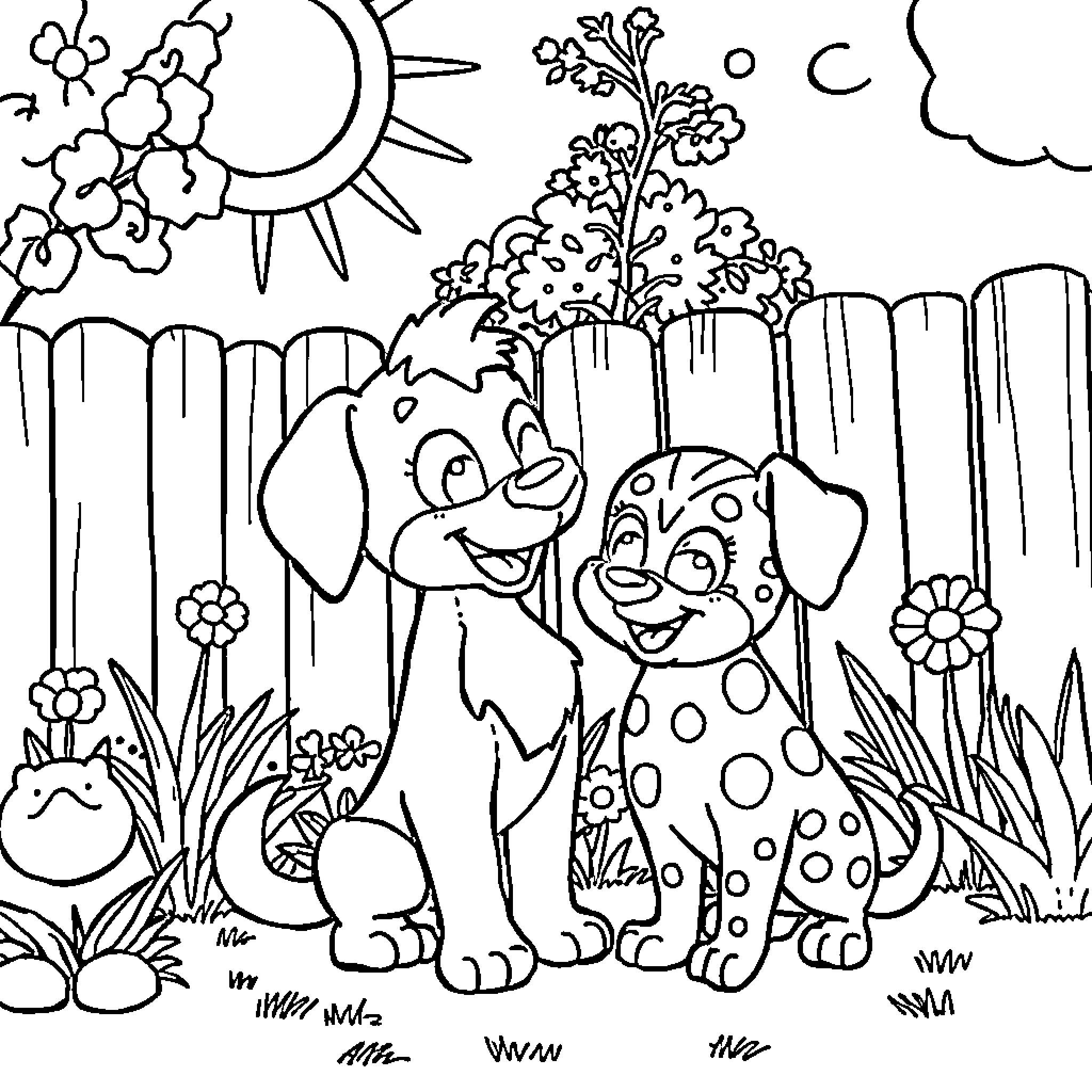 Bluey's Playful Pals in the Enchanted Garden Coloring Page (free black-and-white line drawing printable PDF for all, from beginners to advanced learners, including children, teens, adults, and seniors)