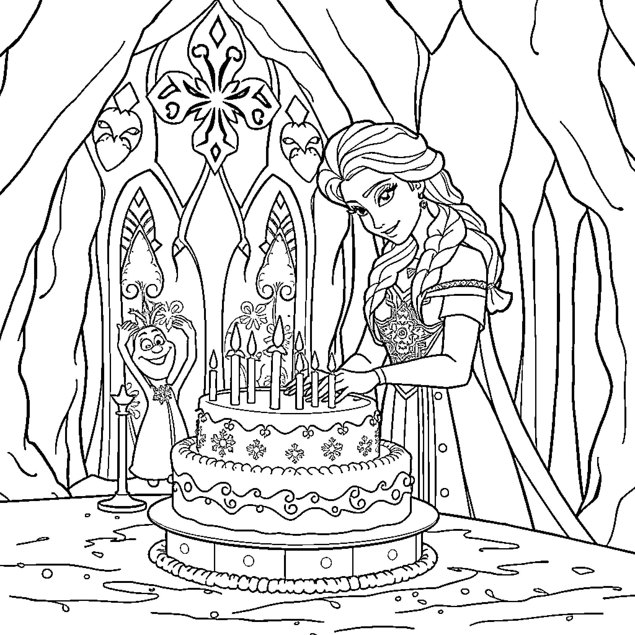Snow Queen preparing a large decorated cake Coloring Page (free black-and-white line drawing printable PDF for all, from beginners to advanced learners, including children, teens, adults, and seniors)