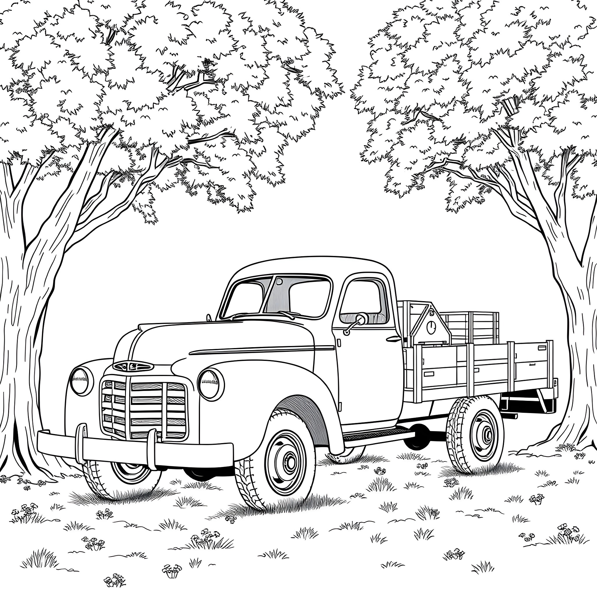 Flatbed truck in a forest setting Coloring Page (free black-and-white line drawing printable PDF for all, from beginners to advanced learners, including children, teens, adults, and seniors)