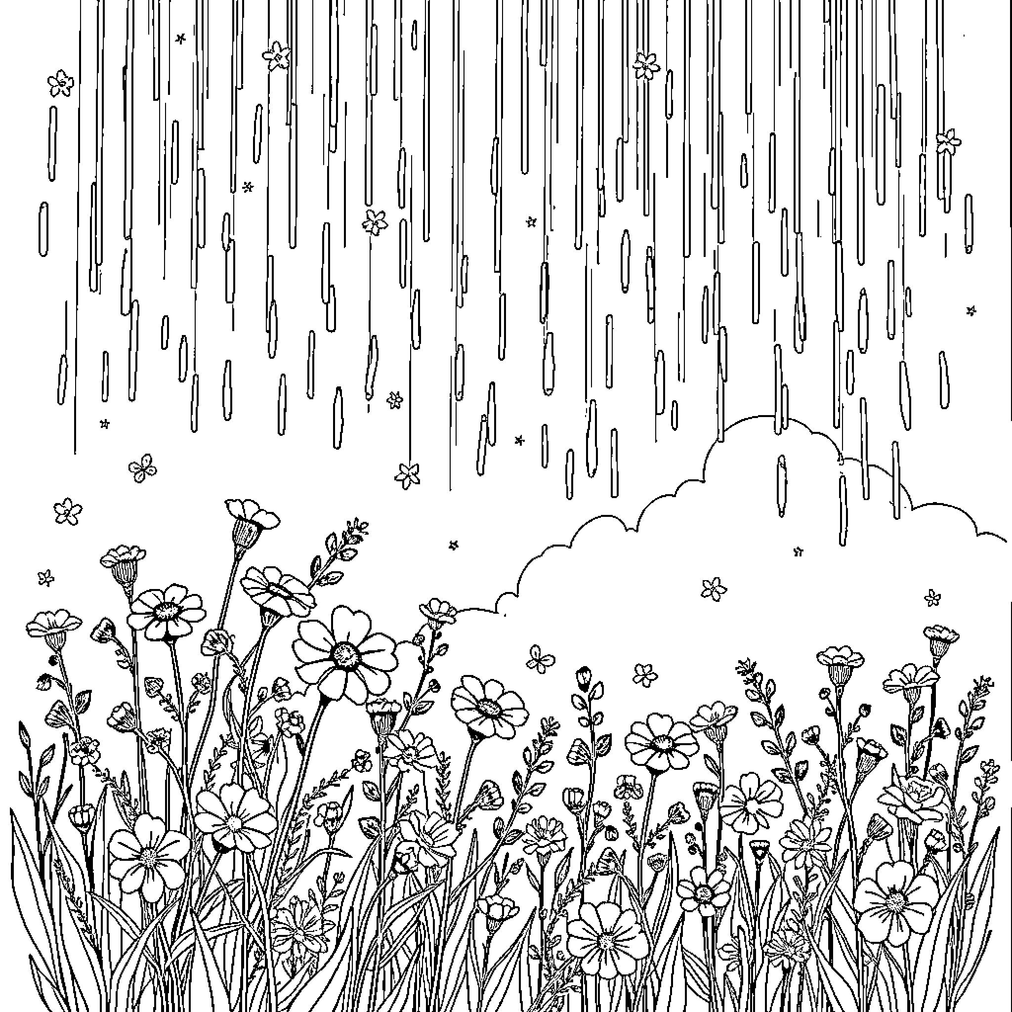 Wildflower field under a starry night sky Coloring Page (free black-and-white line drawing printable PDF for all, from beginners to advanced learners, including children, teens, adults, and seniors)