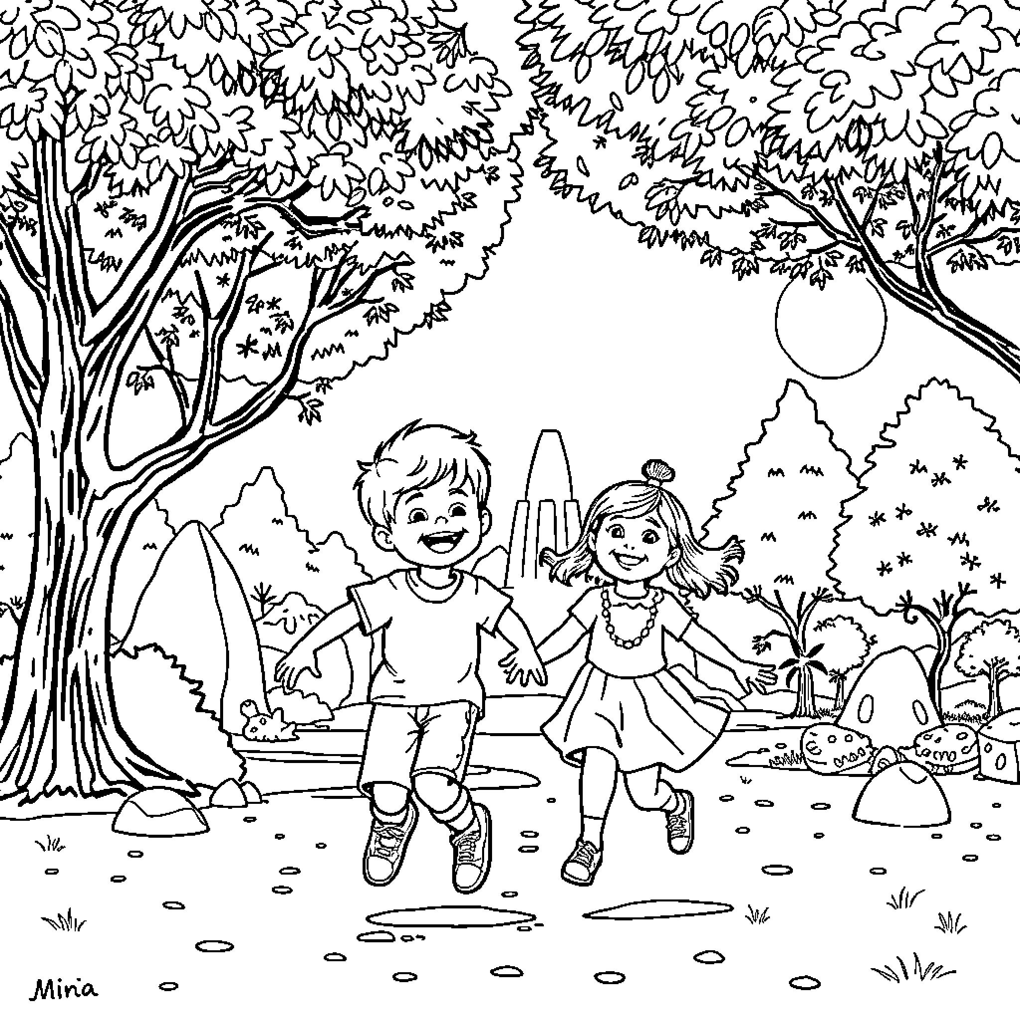 Children playing joyfully in the forest Coloring Page (free black-and-white line drawing printable PDF for all, from beginners to advanced learners, including children, teens, adults, and seniors)