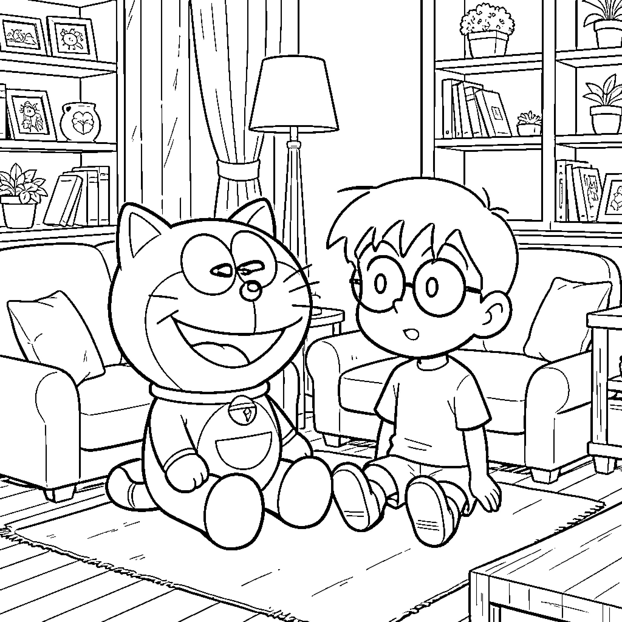 Doraemon and Nobita playing happily together Coloring Page (free black-and-white line drawing printable PDF for all, from beginners to advanced learners, including children, teens, adults, and seniors)