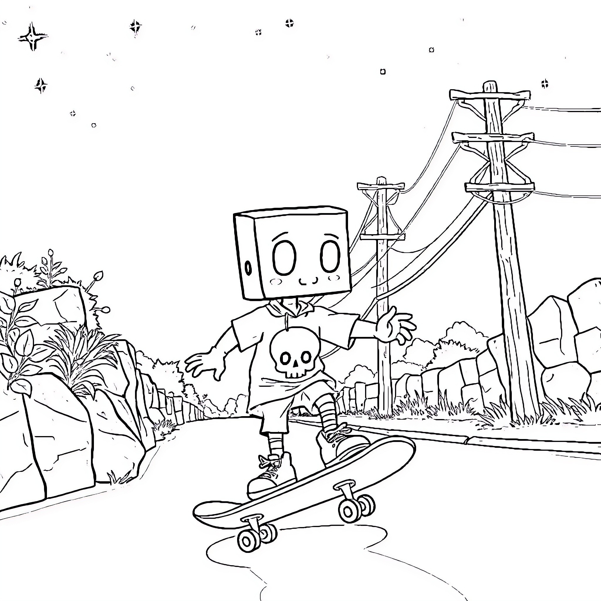 Box-Headed Character Skateboarding in Whimsical Landscape Coloring Page (free black-and-white line drawing printable PDF for all, from beginners to advanced learners, including children, teens, adults, and seniors)