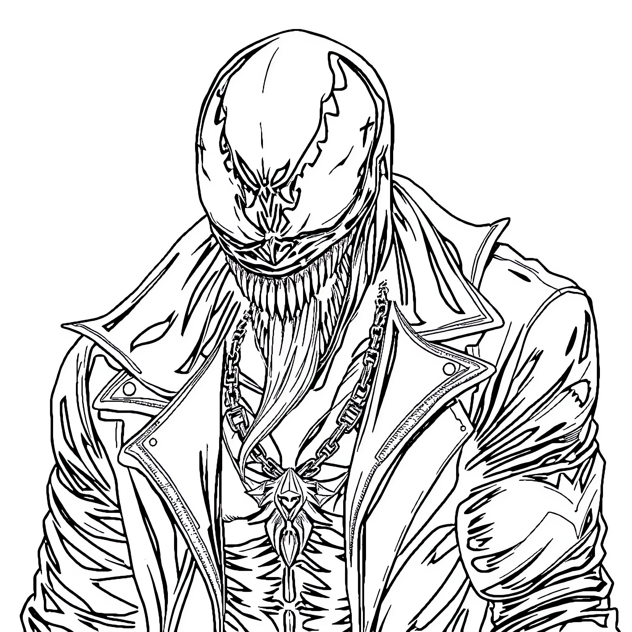 Venom in Sinister Pose with Intricate Details Coloring Page (free black-and-white line drawing printable PDF for all, from beginners to advanced learners, including children, teens, adults, and seniors)