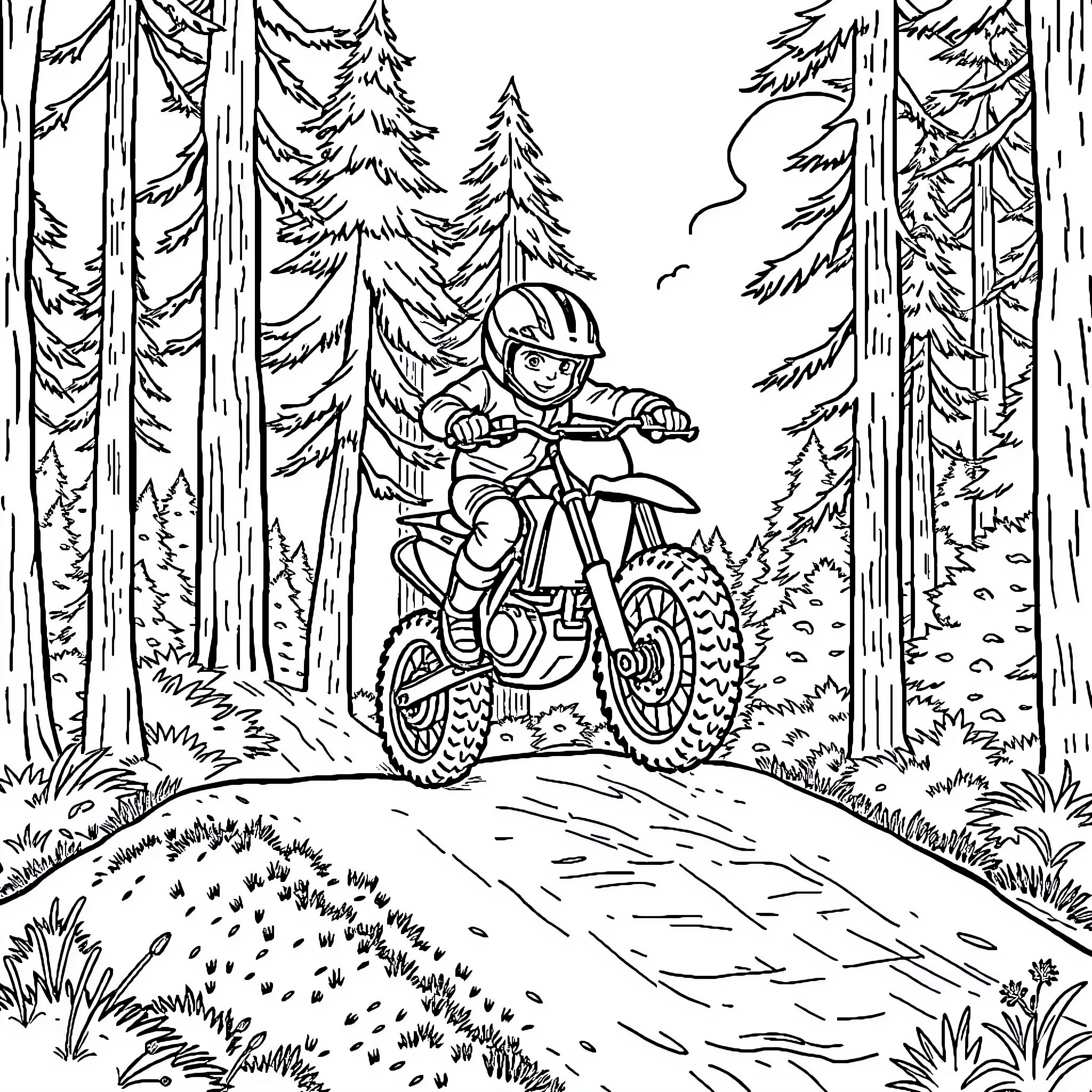 Crossmotor adventure through the forest landscape Coloring Page (free black-and-white line drawing printable PDF for all, from beginners to advanced learners, including children, teens, adults, and seniors)