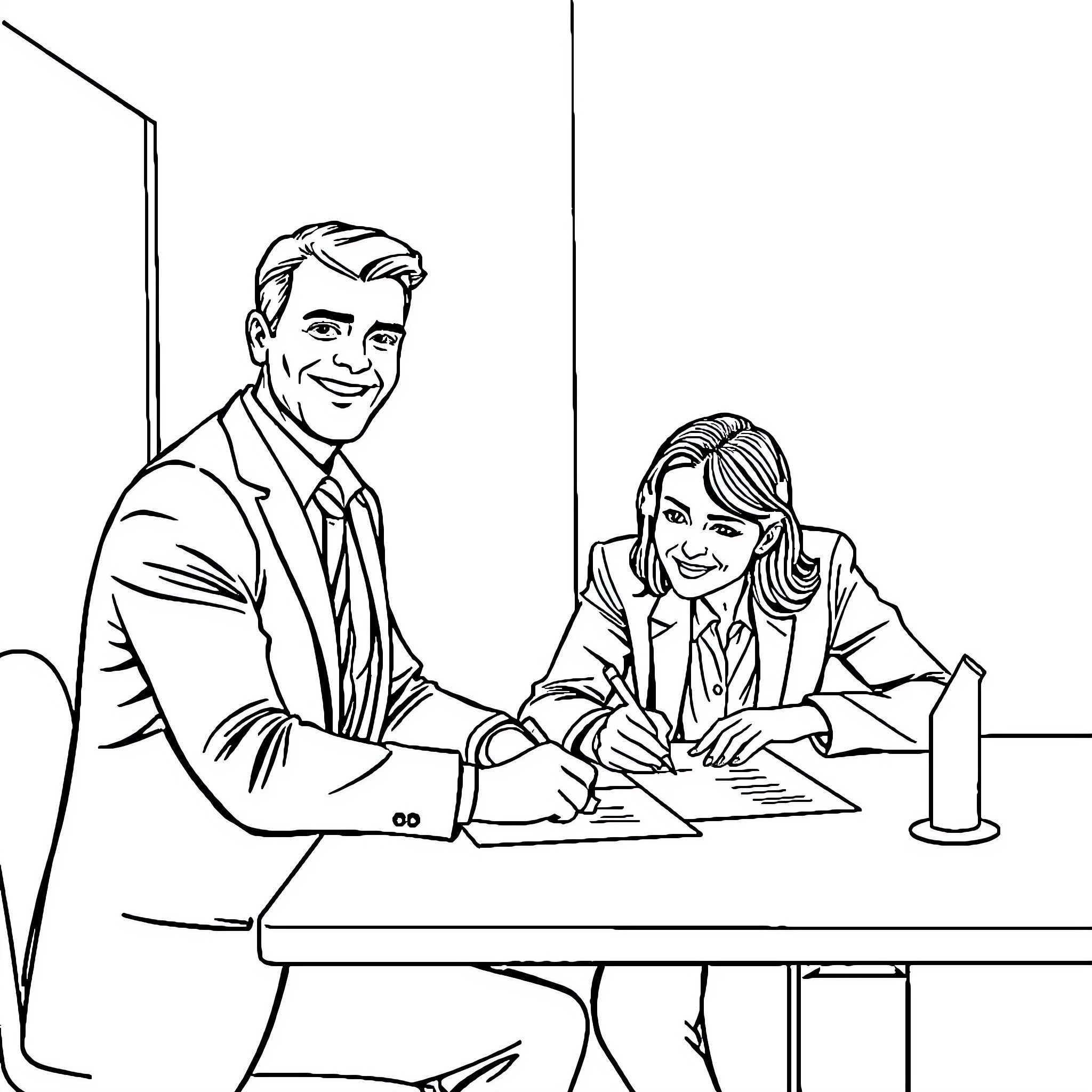Banker signing documents with colleague Coloring Page (free black-and-white line drawing printable PDF for all, from beginners to advanced learners, including children, teens, adults, and seniors)