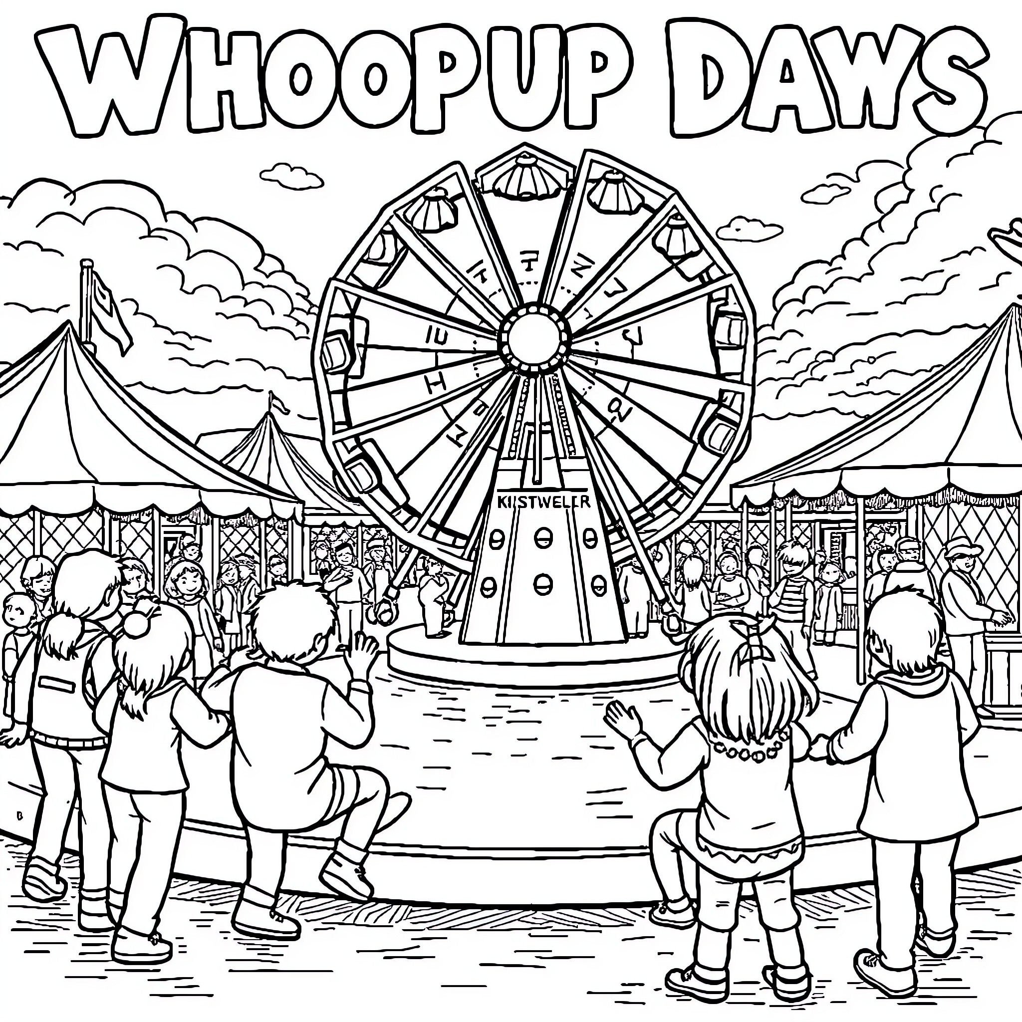Whoop Up Days: Lively carnival scene with ferris wheel and crowds Coloring Page (free black-and-white line drawing printable PDF for all, from beginners to advanced learners, including children, teens, adults, and seniors)