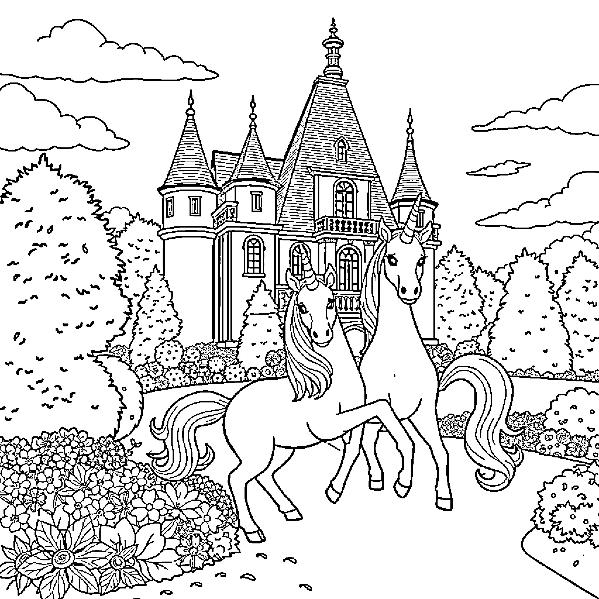 Unicorn exploring a whimsical castle in the enchanted forest Coloring Page (free black-and-white line drawing printable PDF for all, from beginners to advanced learners, including children, teens, adults, and seniors)