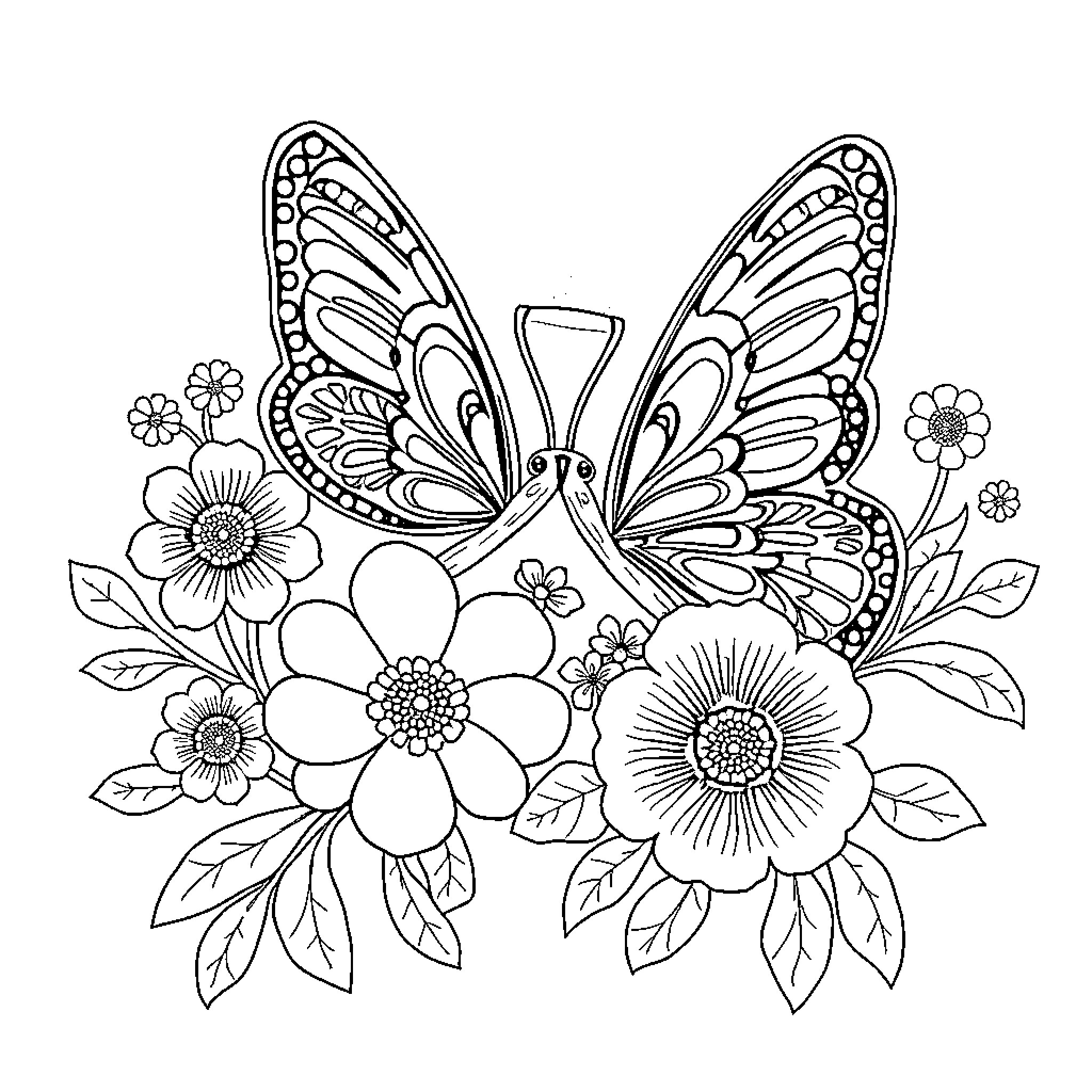Butterfly resting on a floral bouquet Coloring Page (free black-and-white line drawing printable PDF for all, from beginners to advanced learners, including children, teens, adults, and seniors)
