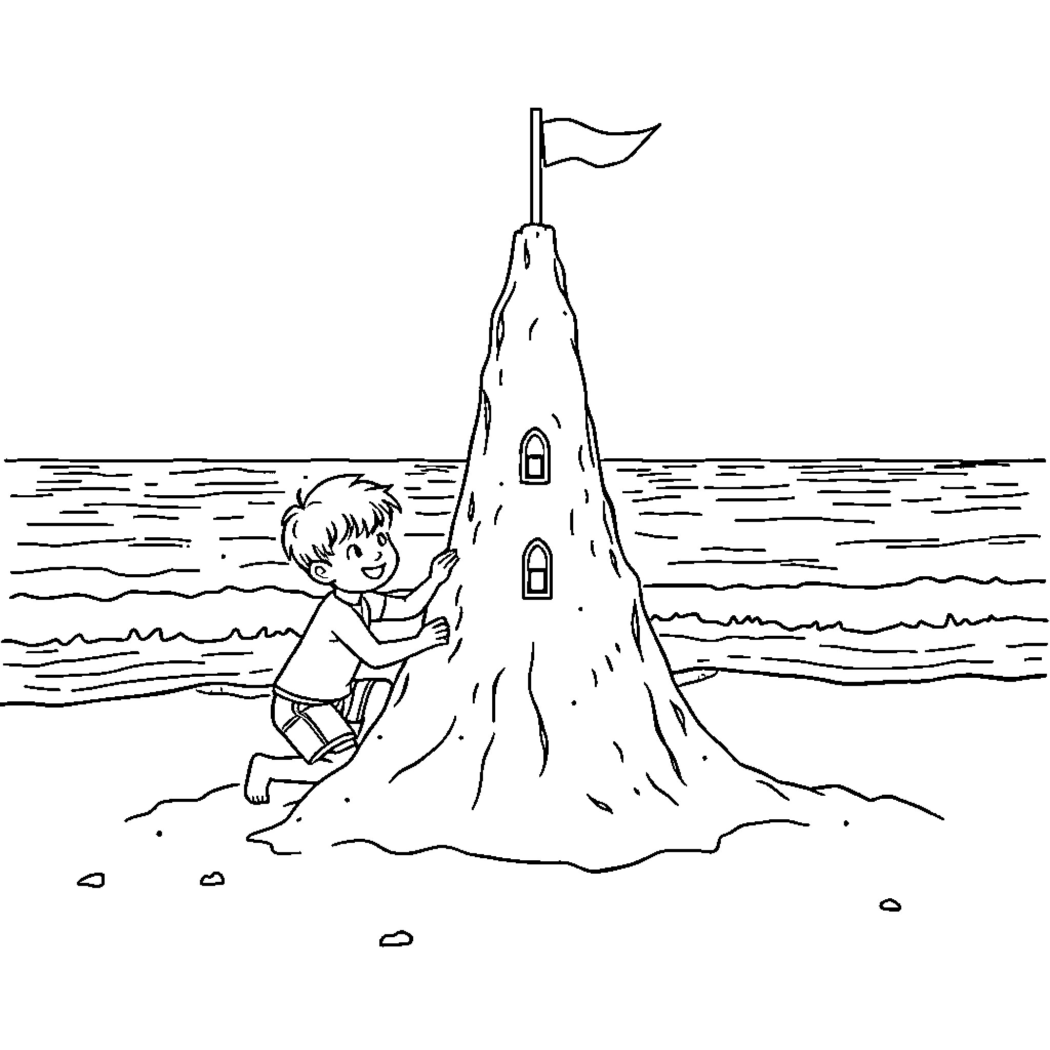 Boy Building a Sand Castle on the Beach Coloring Page (free black-and-white line drawing printable PDF for all, from beginners to advanced learners, including children, teens, adults, and seniors)