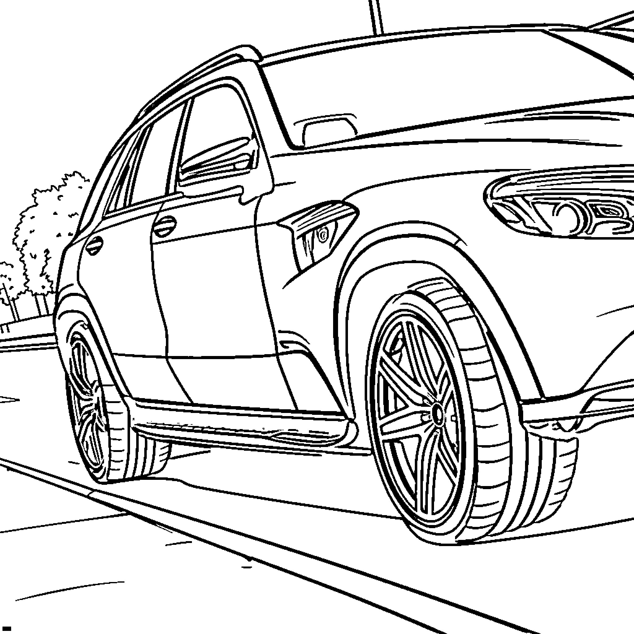 Mercedes sports utility vehicle on the road Coloring Page (free black-and-white line drawing printable PDF for all, from beginners to advanced learners, including children, teens, adults, and seniors)